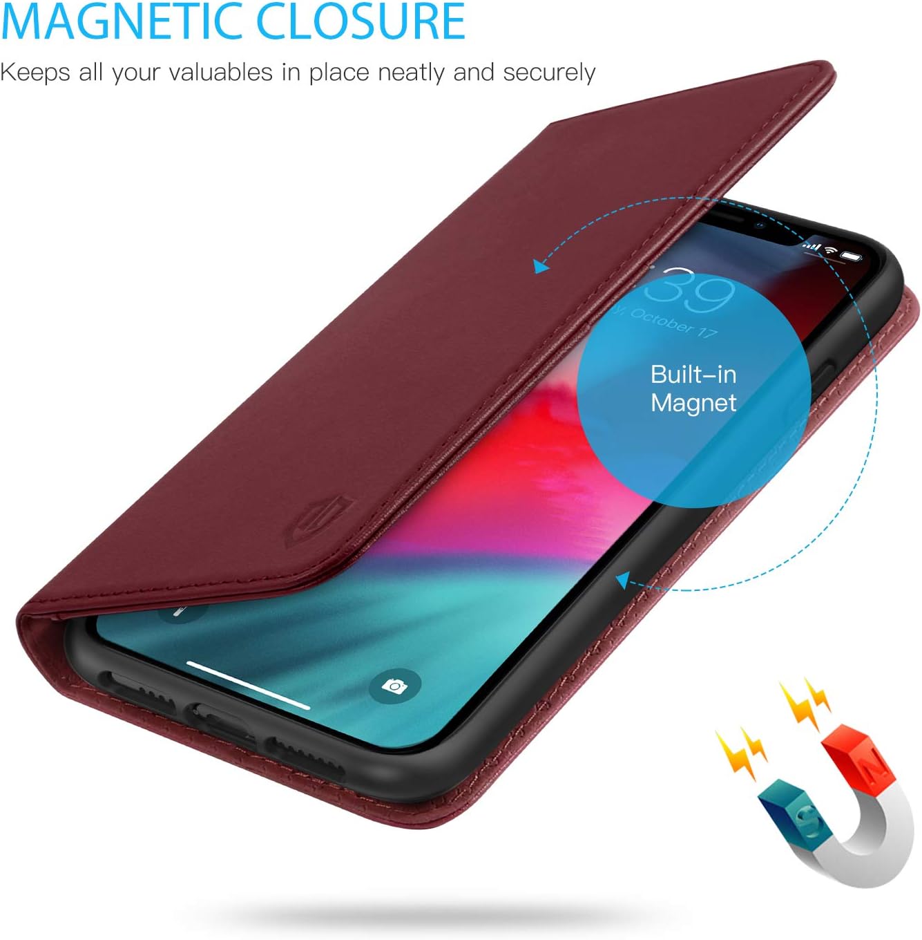 Free Shipping 🛒 SHIELDON iPhone Xs Max Case, Genuine Leather iPhone Xs Max Wallet Case Auto Sleep Wake Folio Cover Stand Feature with Credit Card Slots Protection Case Compatible with iPhone Xs Max - Wine Red