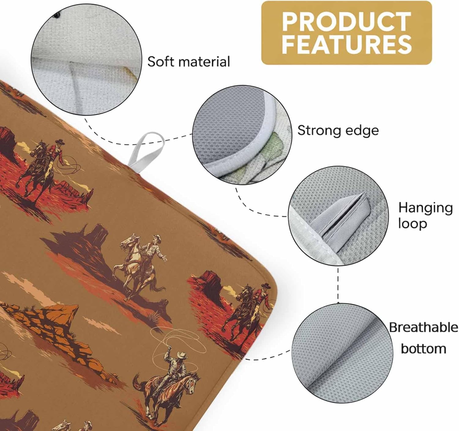 Brown Western Cowboys Dish Drying Mat for Kitchen Counter, Microfiber Dishes Drainer Mat Rack Pad, Vintage Farmhouse Desert Horse Absorbent Dish Bottle Drying Mats, 18"x24", 2 Pack