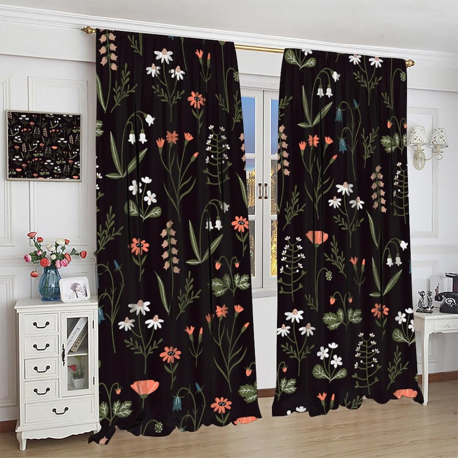 JESTRONRY Floral Print Curtains,Cute Wildflowers Rustic Print Vintage Style Blackout Rod Pocket Window Drapes for Living Room Bedroom Kitchen Bathroom Home Decor W42xL45in