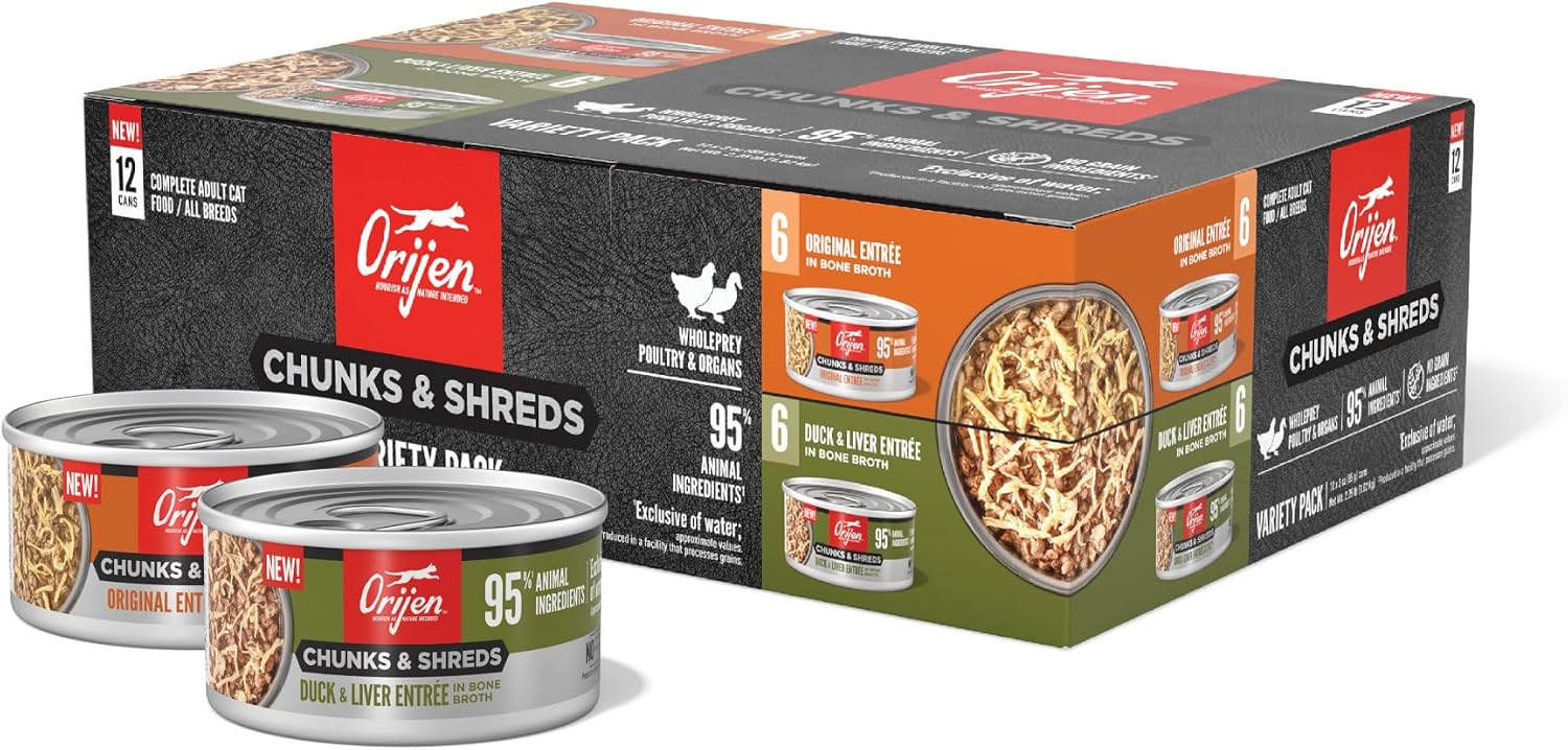 ORIJEN Chunks & Shreds Wet Cat Food Variety Pack: Original + Duck & Liver Recipes 3oz Cans (12 Count, 6 of Each)