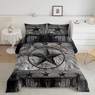 Feelyou Black Western Texas Star Comforter Set King Size, Cowboy Bedding Set for Kids Boys Girls Teens Rustic Texas Star Comforter Wild West Cowboy Duvet Set Bed Set 3Pcs