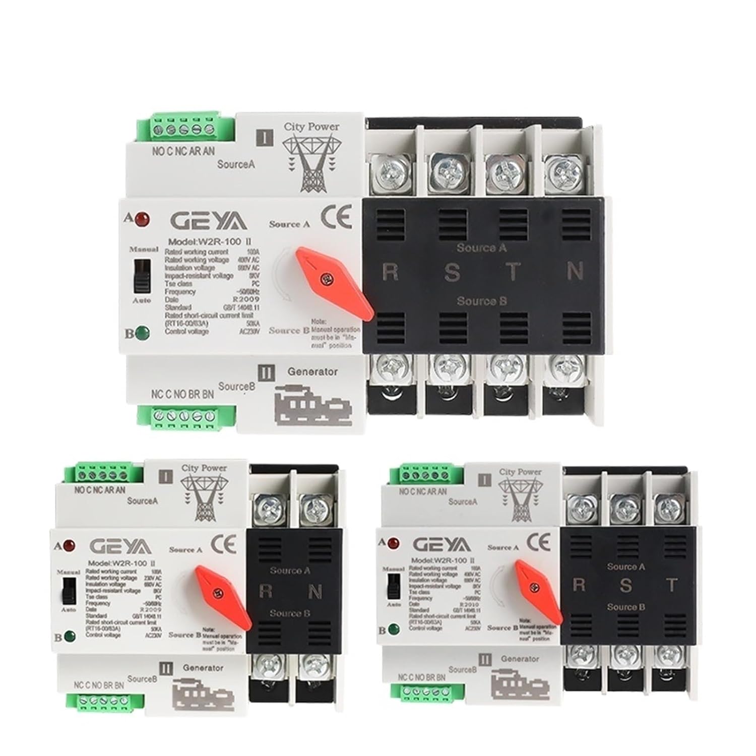 W2R-3Pole Din Rail Mounted Automatic Transfer Switch Three Phase ATS 16A 20A 25A 32A 40A 50A 63A 100A Power Transfer Switch(W2R-3P-110V,3P 100A)