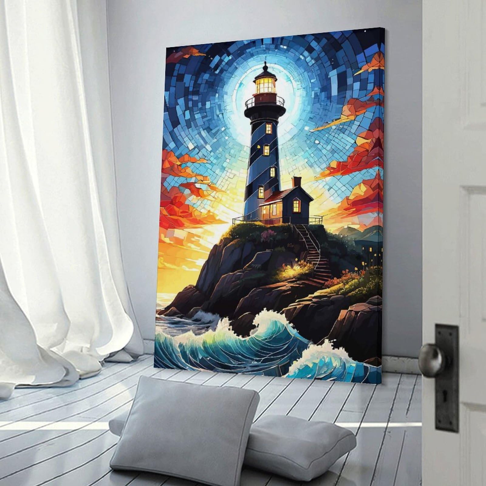 Junmoney Frame-Style-14 Lighthouse On A Rocky Coast Poster, Picture, Metal Print, Paint By P Art Decorative Canvas Print, 16X24inch(40X60cm), For Contemporary Homes, Apartments Or Offices, Home Artwork For Modern Interiors