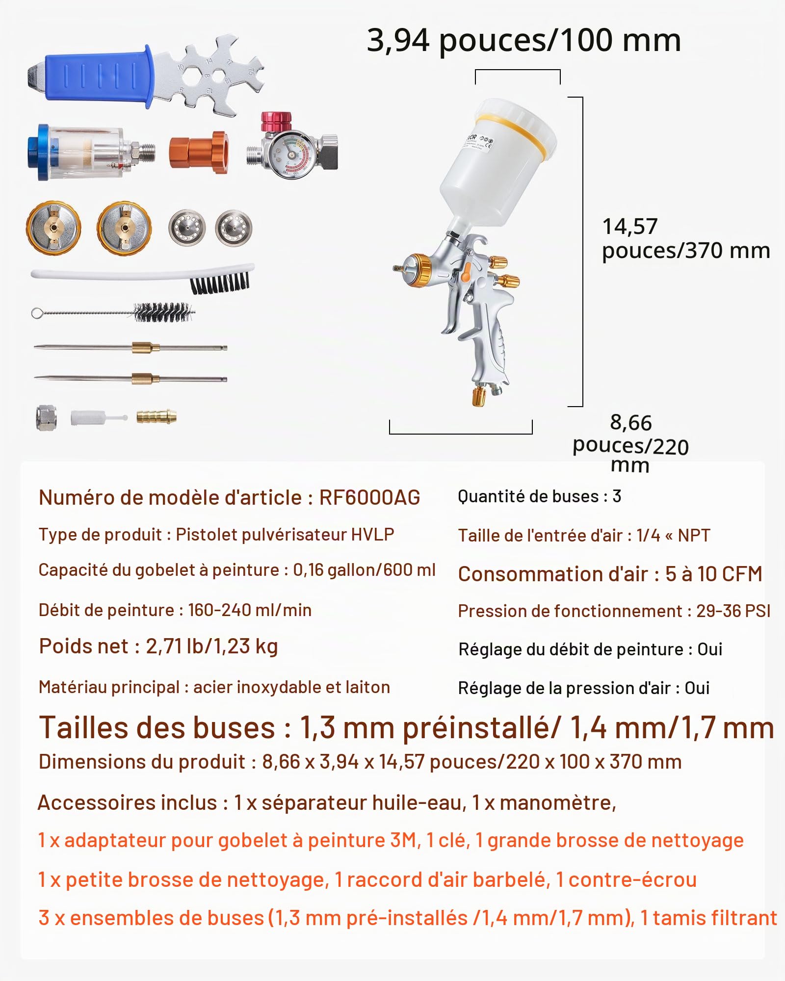 VEVOR Pistolet Pulvérisateur à Peinture Pneumatique HVLP par Gravité, 600 ML, avec 3 Buses 1,3 mm 1,4 mm 1,7 mm, Pistolet Professionnel à Peinture Automobile à Air Comprimé, pour Meubles et Voitures