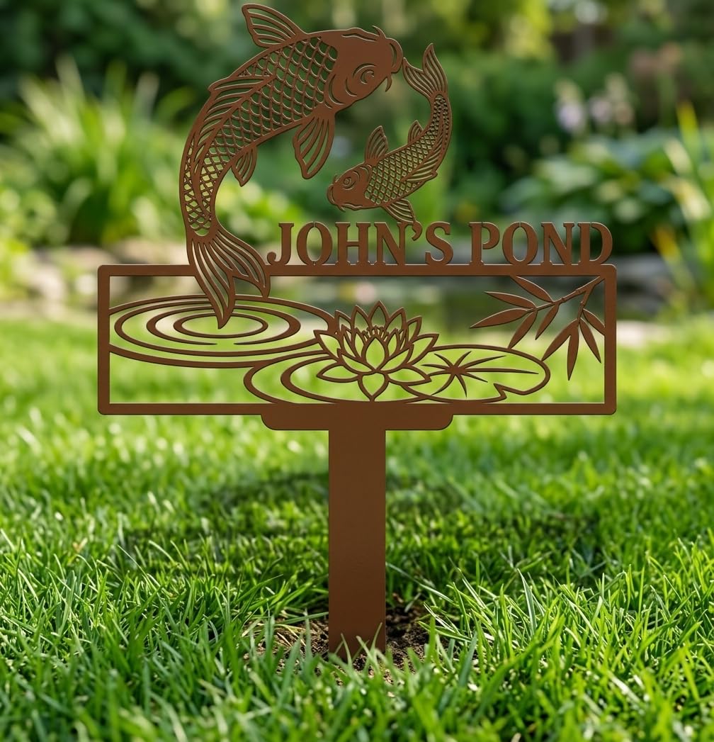 Personalized Koi FishG arden Signs with Stake,Custom Pond Sign for Outdoor,Waterproof Yard Lawn Art,Gardening Gifts,Welcome Plaque fish