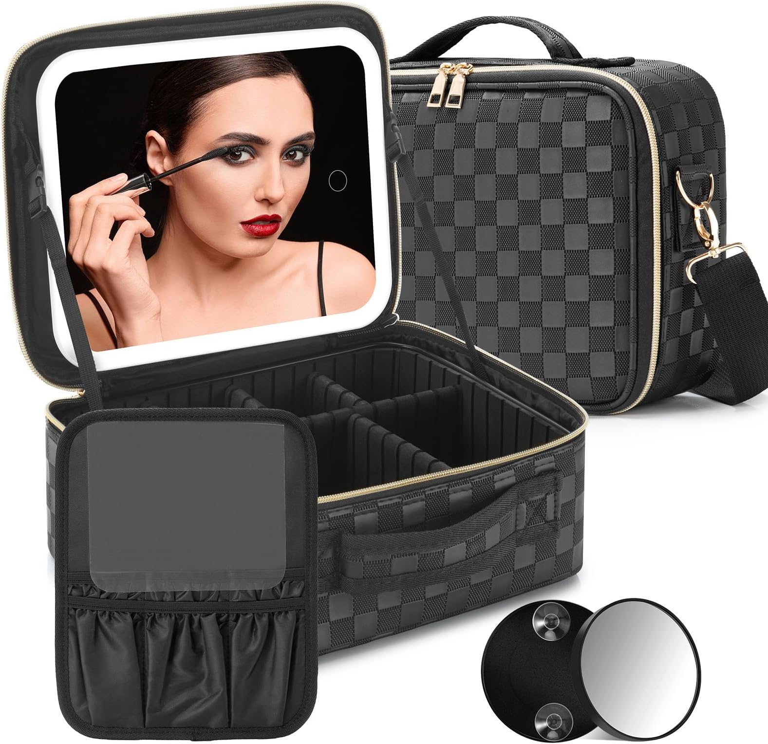 Travel Makeup Bag with LED Mirror - Lighted Makeup Case with 3 Color Setting - Rechargeable Cosmetic Box Organizer for Women - Beauty Tools Accessories Case (Black, Middle)