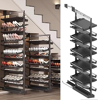 Pull-Out Shoe Rack Organizer for Closet Shoe Cabinet,Adjustable Height Retractable Metal Stackable Shoe Rack, Vertical Shelf Organizer for Small Bedroom Closet, Space Saving Storage, Black(58cm,10 Tie