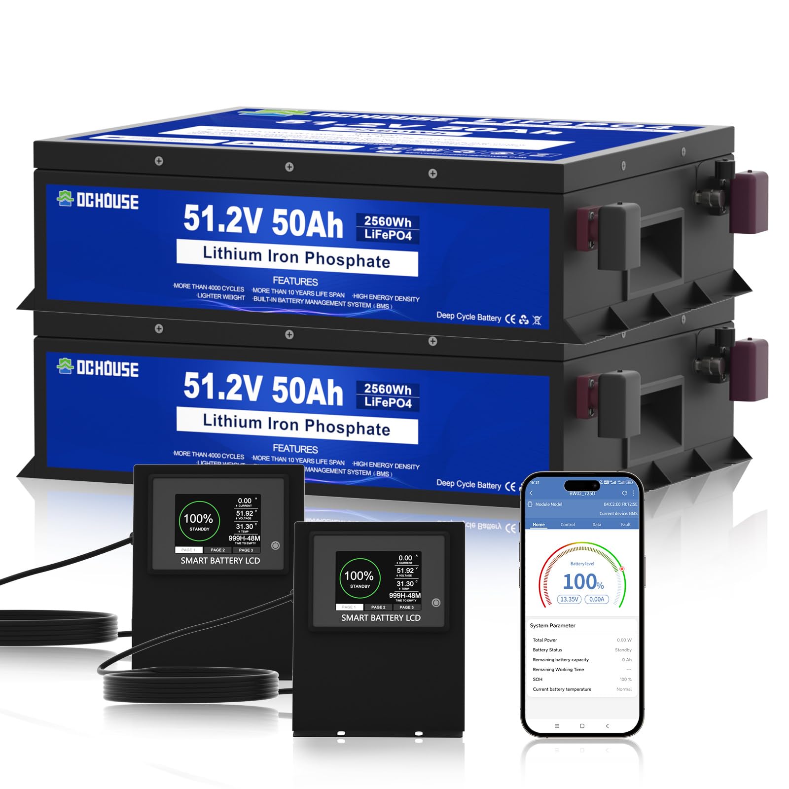 DCHOUSE Batterie LiFePO4 48V 100Ah (Pack 2×48V 50Ah), Bluetooth con App e Monitor, BMS 100A, Protezione Bassa Temperatura, Struttura in Metallo, per Golf Cart, Camper e Impianti Solari Off-Grid