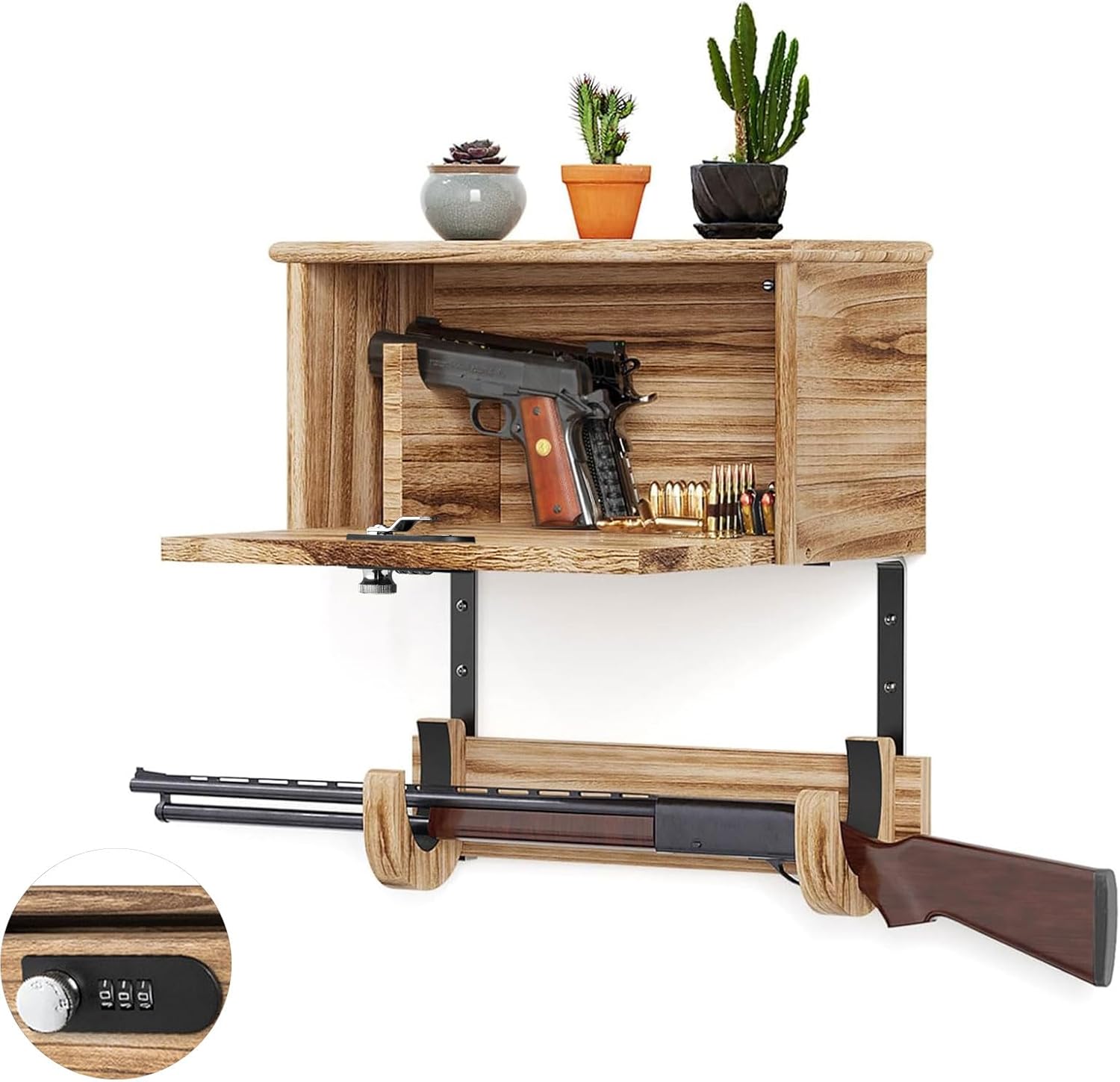 Wooden Wall Mount Gun Rack with Lock, 2-in-1 Horizontal Display for Rifle, Shotgun and Dual Pistols, Secure Firearms Storage Hanger