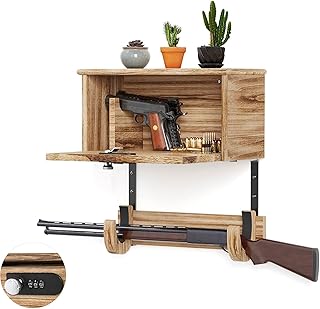 Wooden Wall Mount Gun Rack with Lock, 2-in-1 Horizontal Display for Rifle, Shotgun and Dual Pistols, Secure Firearms Storage Hanger