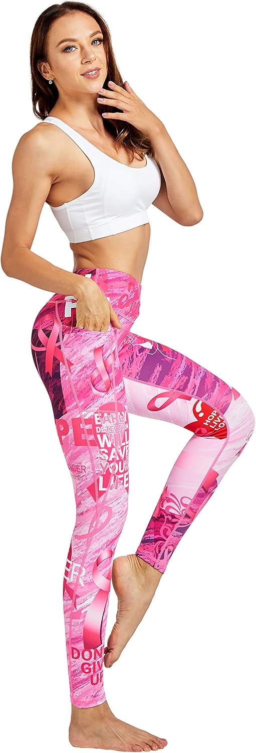 COOLOMG Women Leggings Breast Cancer Awareness Yoga Pants Pink Ribbon Tights with Side Pockets