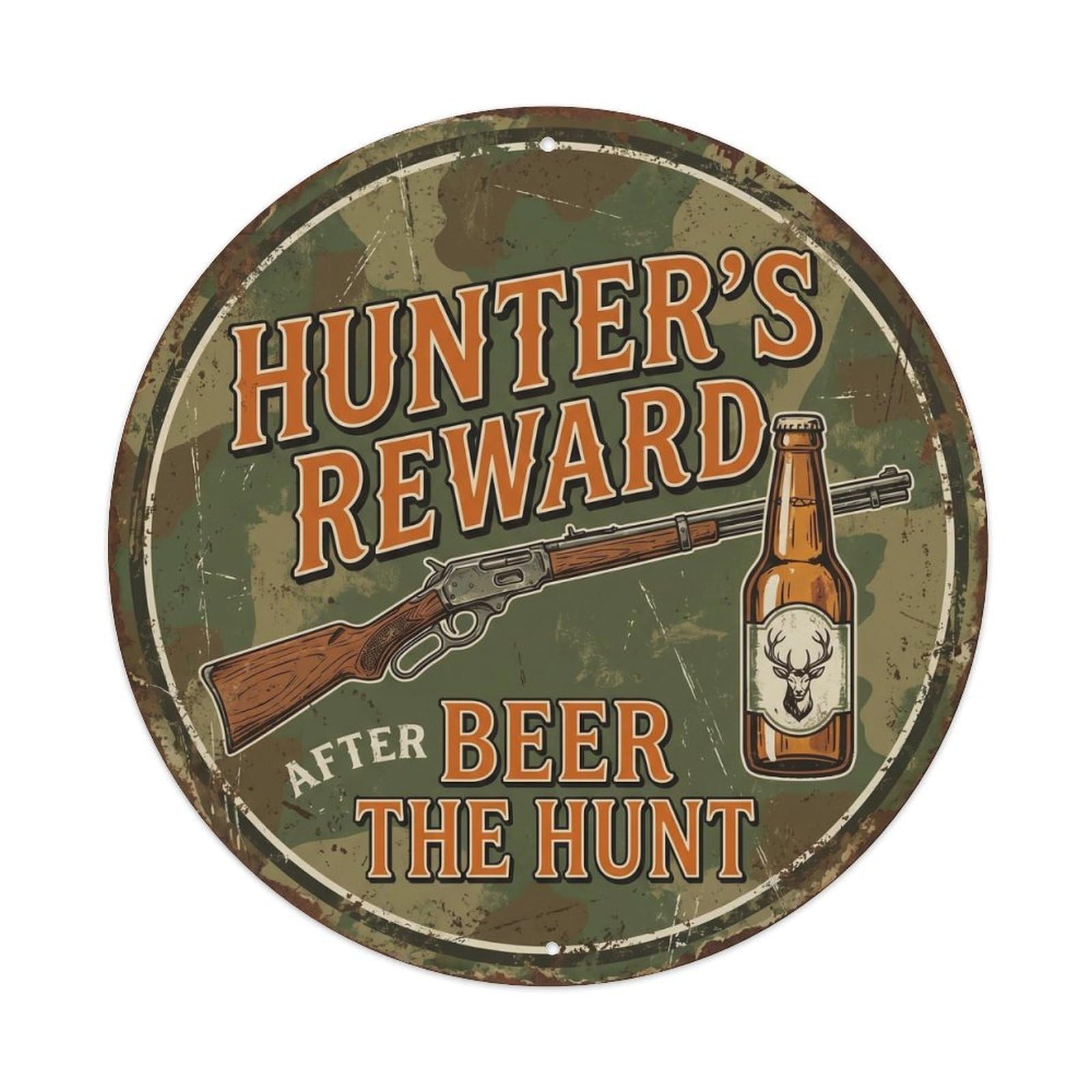 Retro Bar Style Hunter Forest Basement Beer Metal Tin Sign Plaque Wall Decor for Cafe, Club, Garden Round Metal Poster 8x8Inch