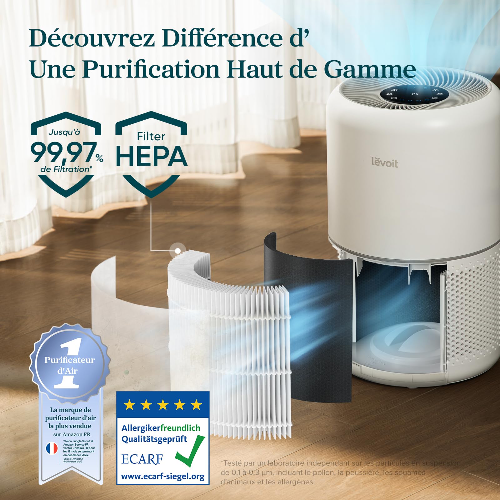 LEVOIT Purificateur d'Air HEPA Intelligent contre Allergie Pollen & Graminée, Purifier jusqu'à 50㎡, Surveille La Qualité de l'Air, Contrôle par App Alexa, 22dB Silencieux, Core 300S