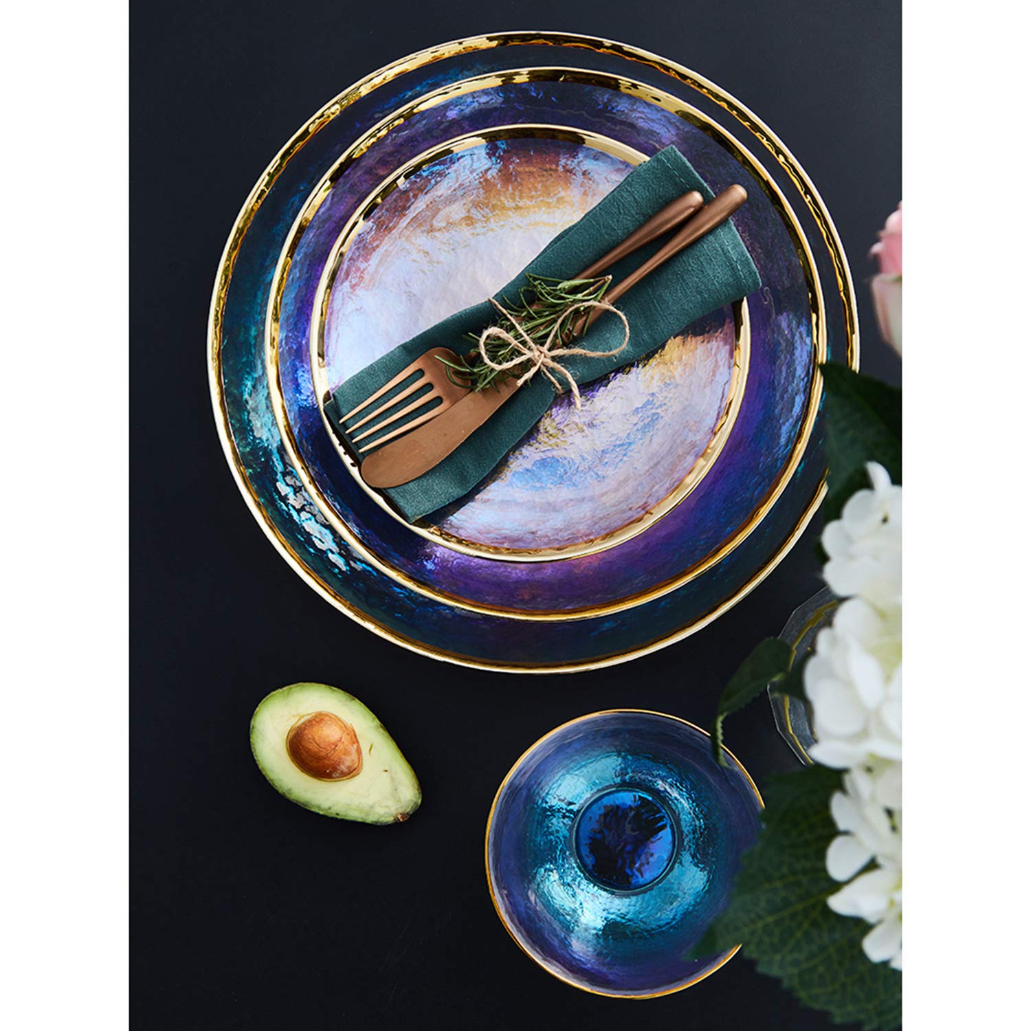 Juego de vajilla de cristal con cubiertos Phnom Penh, juego de vajilla de 7 piezas para comedor elegante