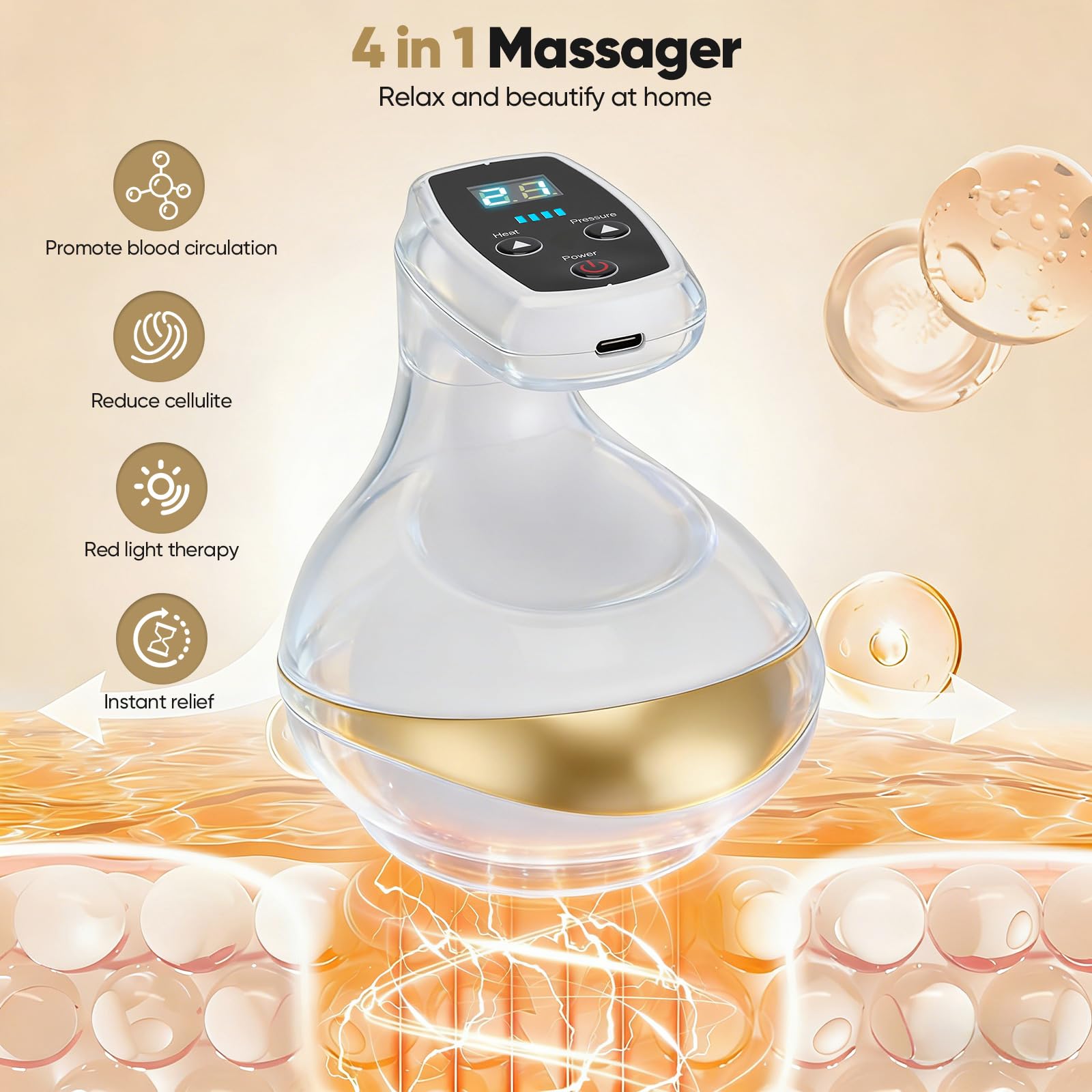 Massaggiatore Contro Cellulite 4 In 1,9 Potenza Di Aspirazione E 9 Calore, Con Coppettazione Sottovuoto E Gua Sha Elettrico, Massaggiatore Anticellulite Vacuum Favoriscono La Circolazione Sanguigna