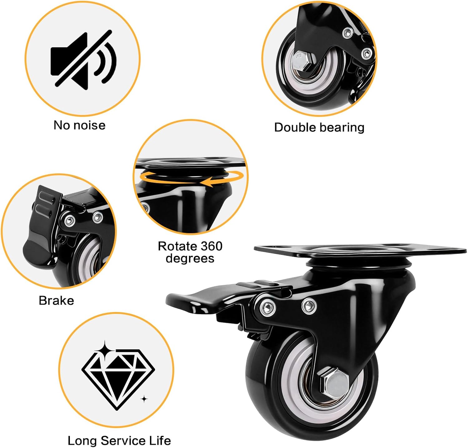 5 Pcs 2 in Universal Kitchen Island Replacement Wheels, Heavy Duty Kitchen Island Casters with Hardware, No Noise Locking Polyurethane (PU) Wheels