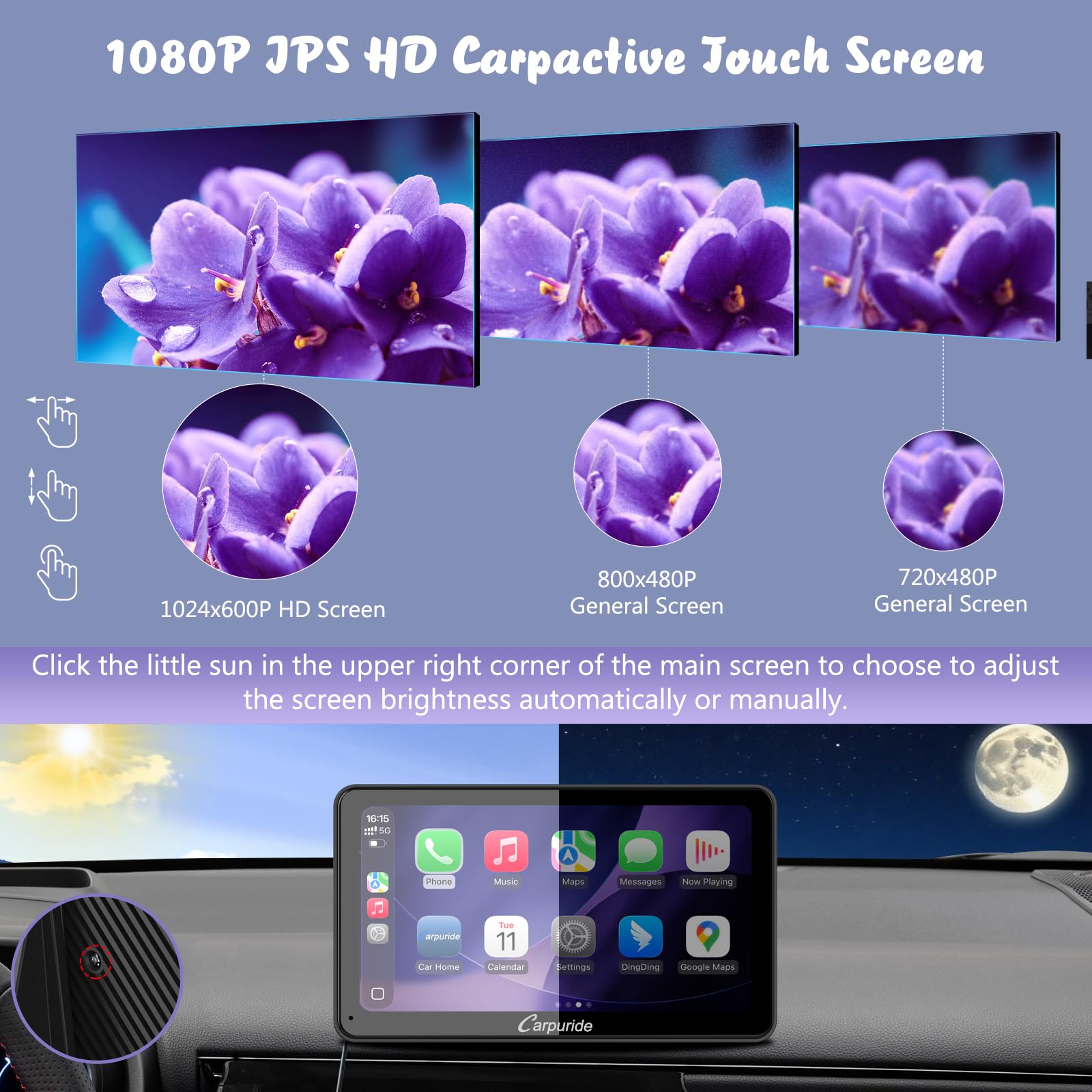 Carpuride W701 Pro z bezprzewodową transmisją Bluetooth, przenośne radio samochodowe z CarPlay i Android Auto, 7-calowy ekran dotykowy 1080p, MirrorLink/GPS/Siri/FM, w zestawie 3 uchwyty