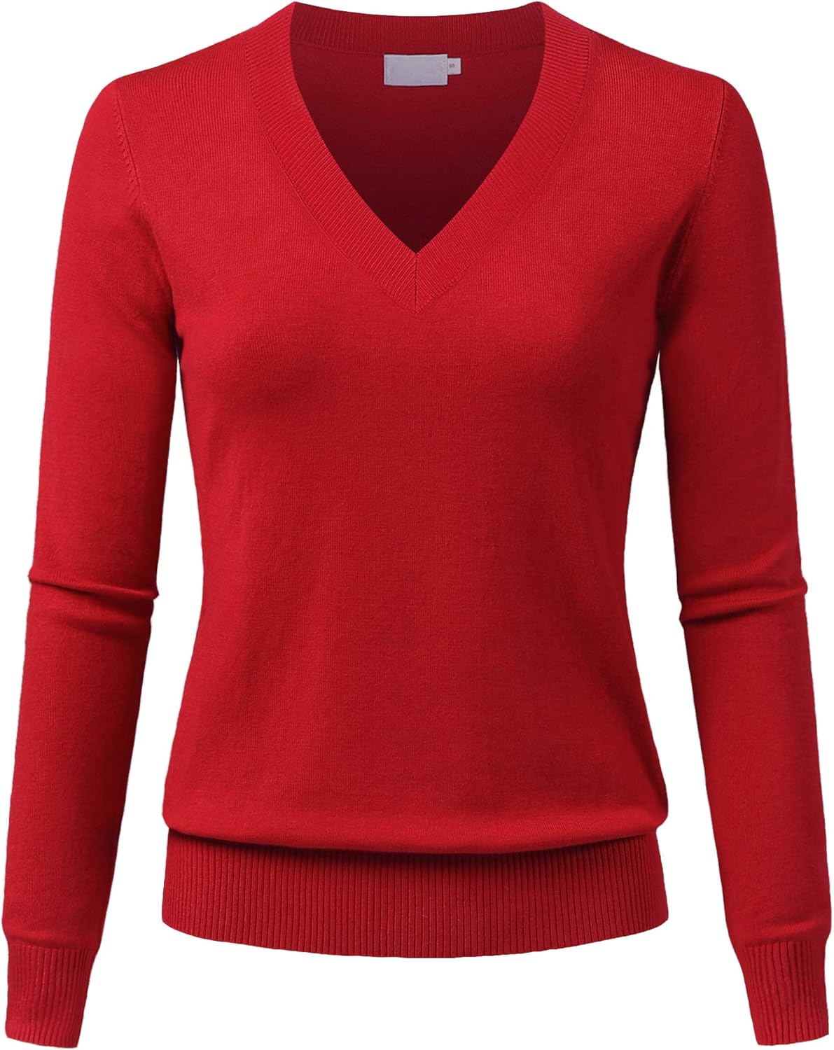 Women's V-Neck Long Sleeve Solid Basic Soft Stretch Pullover Knit Sweater