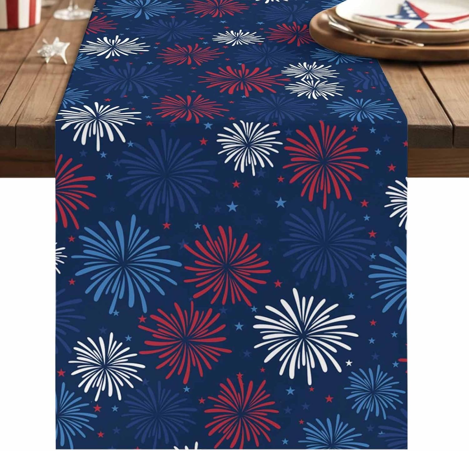 July 4th Table Runner Cotton Linen Fireworks Celebration Patriotic Americana Stars Party Holiday Tablecloth Decorations for Kitchen,Home ,Dining,Outdoor,Extra Long 13X120 Inches Red, White and Blue