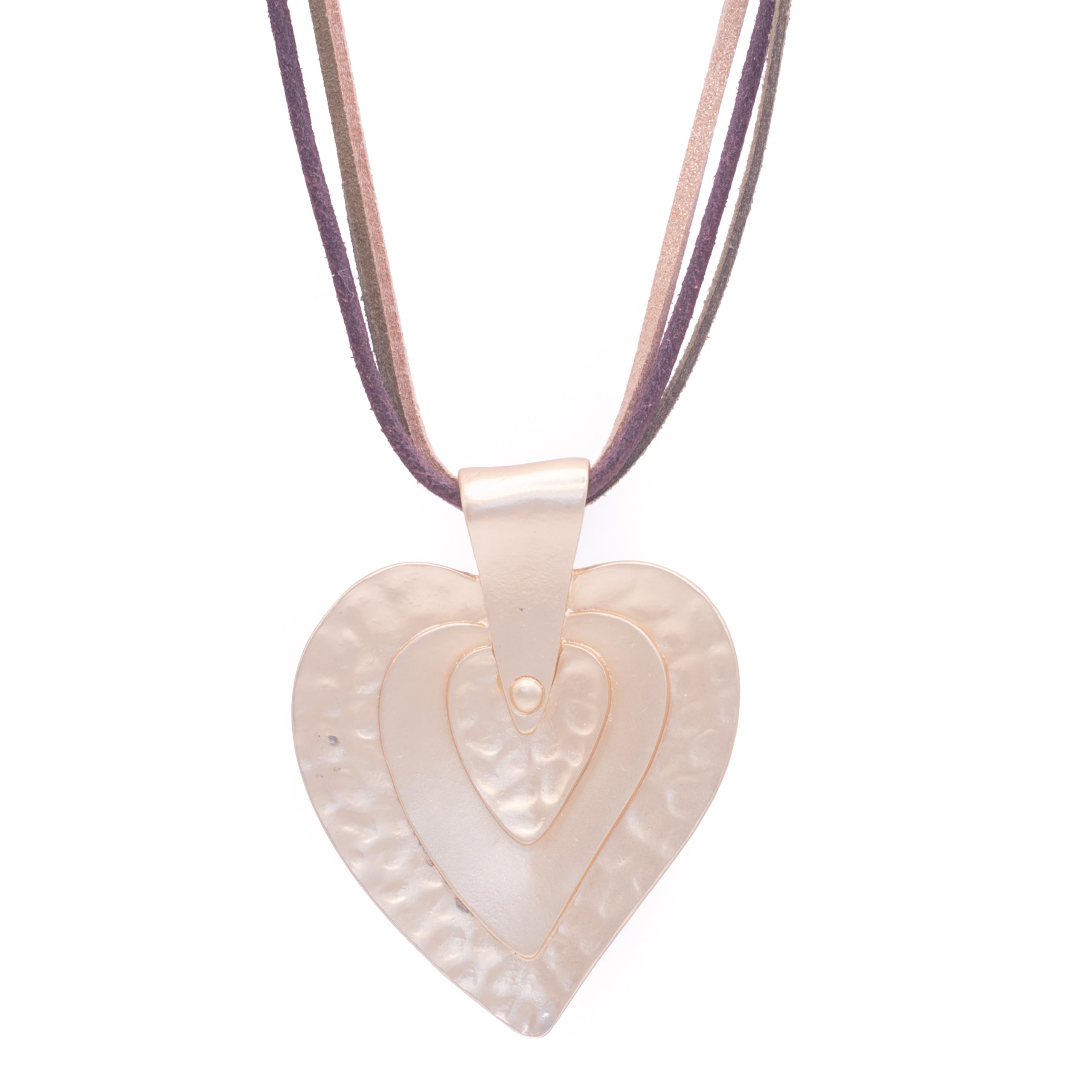 Colgante Corazón Mujer Largo - Collar Dorado Grande con Cadena de Antelina y Ante de Tres Colores Ajustable - Estilo Hippie Bohemio - Amuleto del Amor