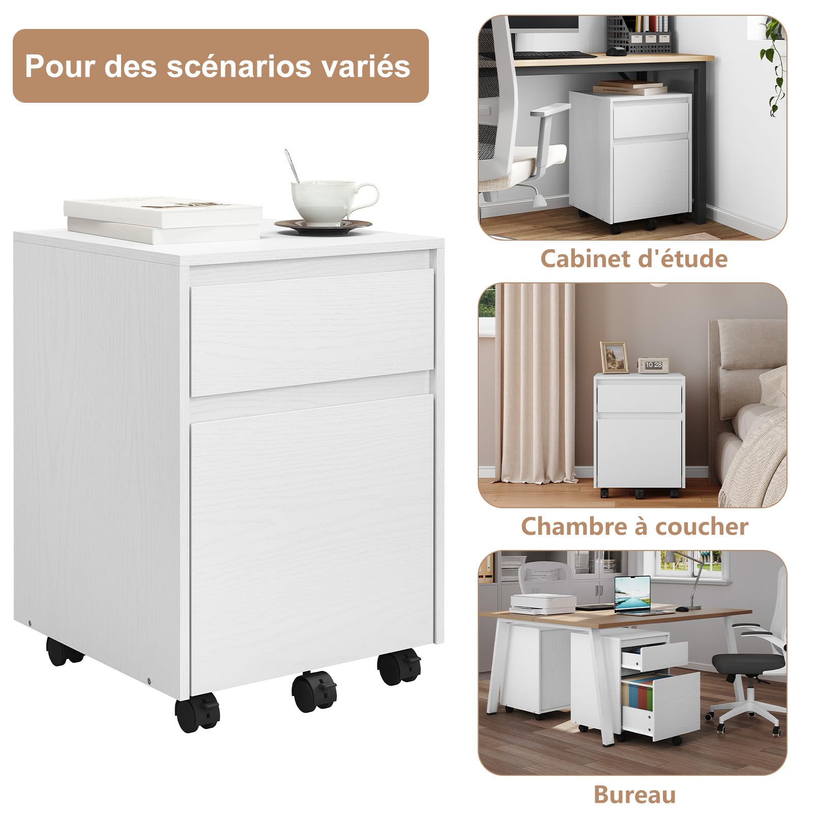 WOLTU Caisson de Bureau avec 2 Tiroirs, Armoire à Dossiers sur roulettes, Meuble de Rangement pour Documents A4, en Bois d'ingénieur PB, Blanc, 40x40x56cm,ASK11ws