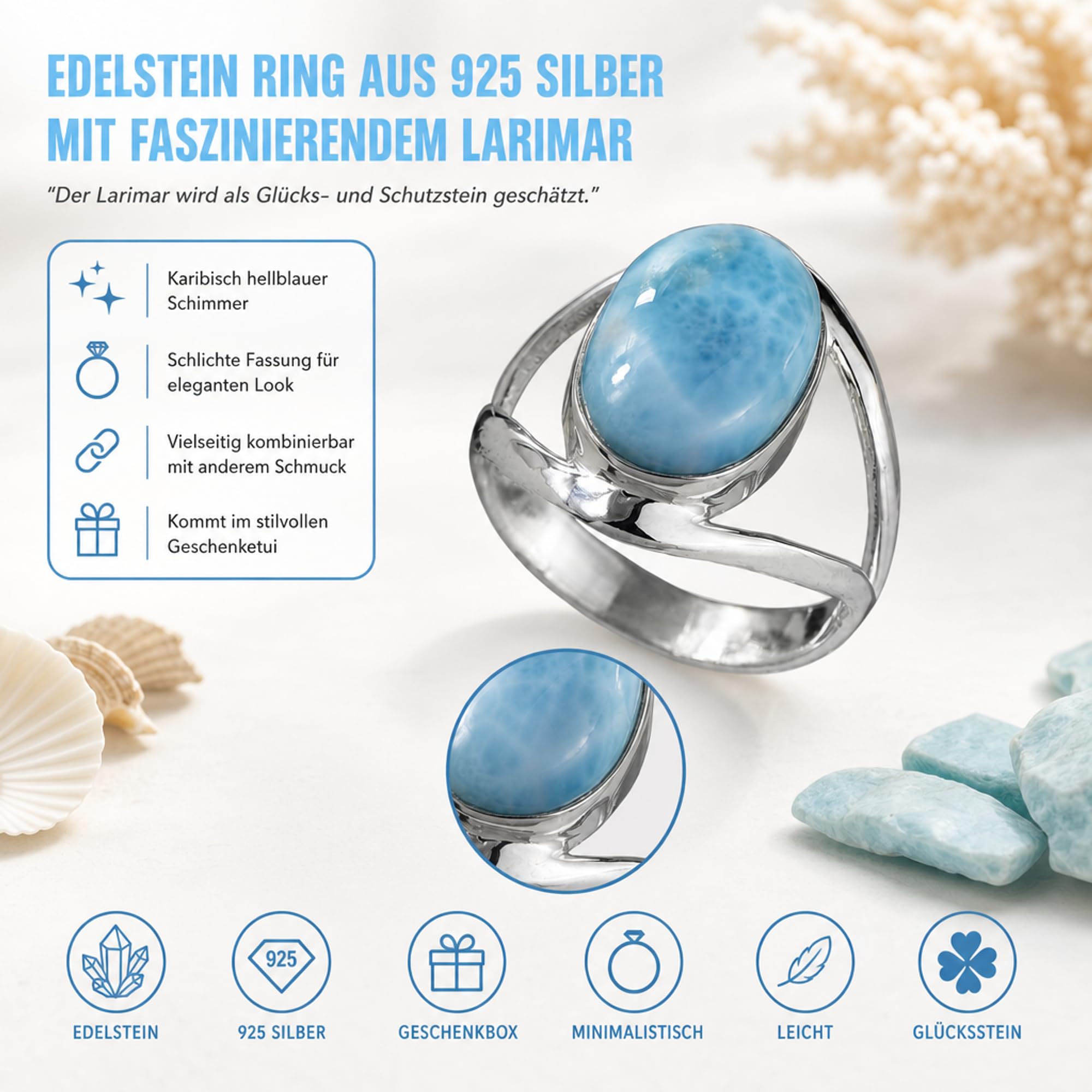 I-be, Larimar pierścionek z kamieniem szlachetnym owalny, srebro 925, w etui na prezent, 103012-2B/10x14