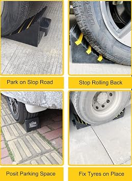 bimiti Wheel Chocks 2 Pack 25x 16x 19cm Rubber Tyre Saver Brake Stoppers | Heavy Duty Car Vehicle Wedge with Handles and Yellow Strips Caravan Chock Block for Travel Trailers RV Trucks and ATV Black