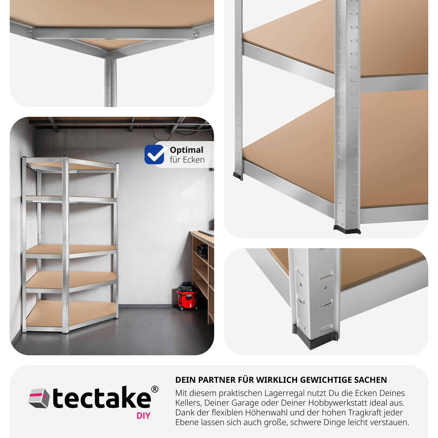 tectake® Werkstattregal, Schwerlastregal Eckregal mit 5 Böden, Metall Lagerregal, Kellerregal, Zubehör für Garage, Organizer für Abstellraum, Steckregal, für Aufbewahrung, Lastenregal - 875 kg