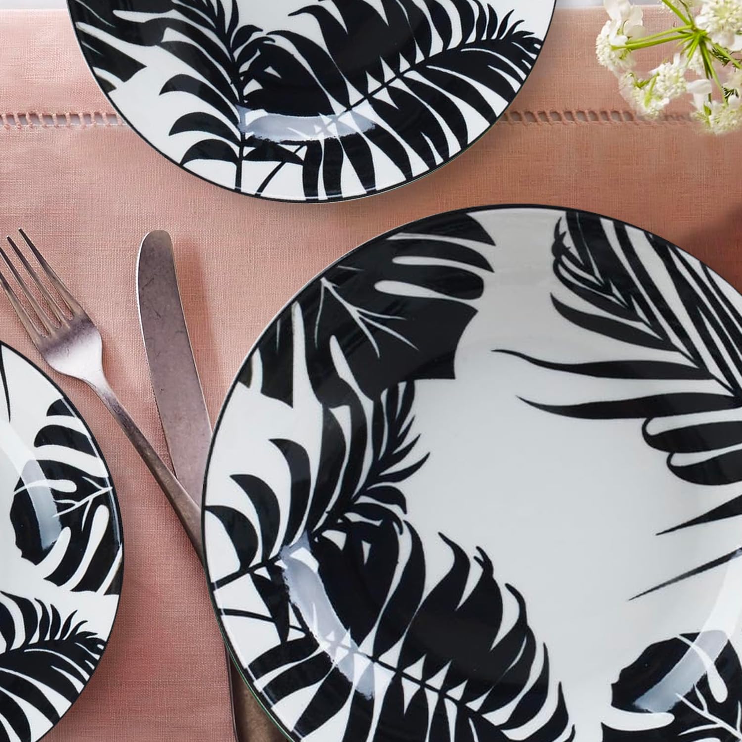 Avilia Servizio di Piatti in Porcellana con Foglie Bianco e Nero - Set 18 Pezzi Composto da Piatti Piani, Fondi e da Dessert - Ideale per ogni Occasione e Facili da Pulire in Lavastoviglie