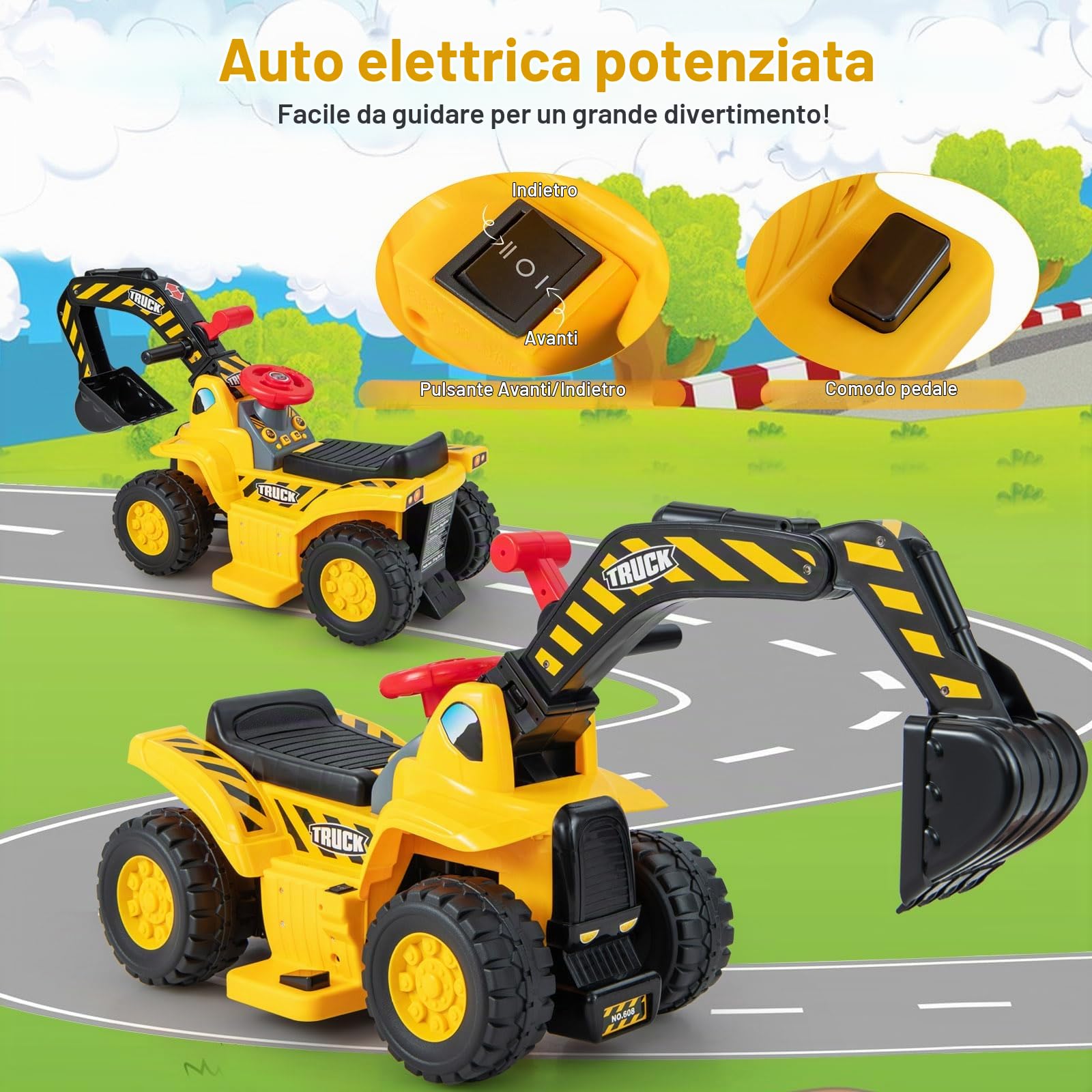 RELAX4LIFE Escavatore Elettrico per Bambini, con Benna Regolabile, Vano Nascosto, Suoni, Effetti Sonorie Canestro Nascosto e 3 Basket, per Bambini, Portata di 25KG, 2 Anni+ (MODELLO 2)