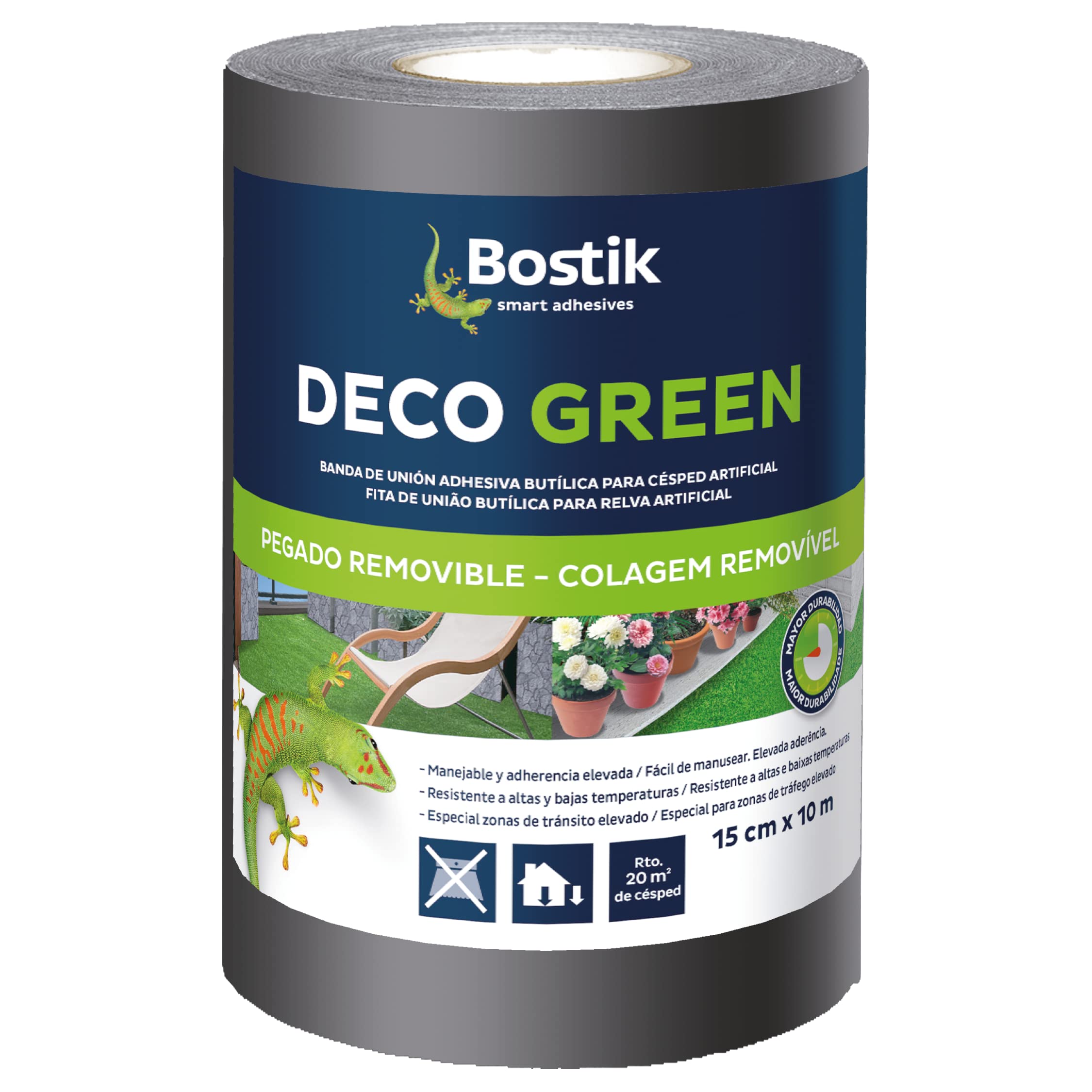 Bostik, Banda de Unión adhesiva para instalación de Césped Artificial, Doble cara, Interior y Exterior, Instalación Removible y discreta, Deco Green, Negra, Rollo de 15 m x 10 m