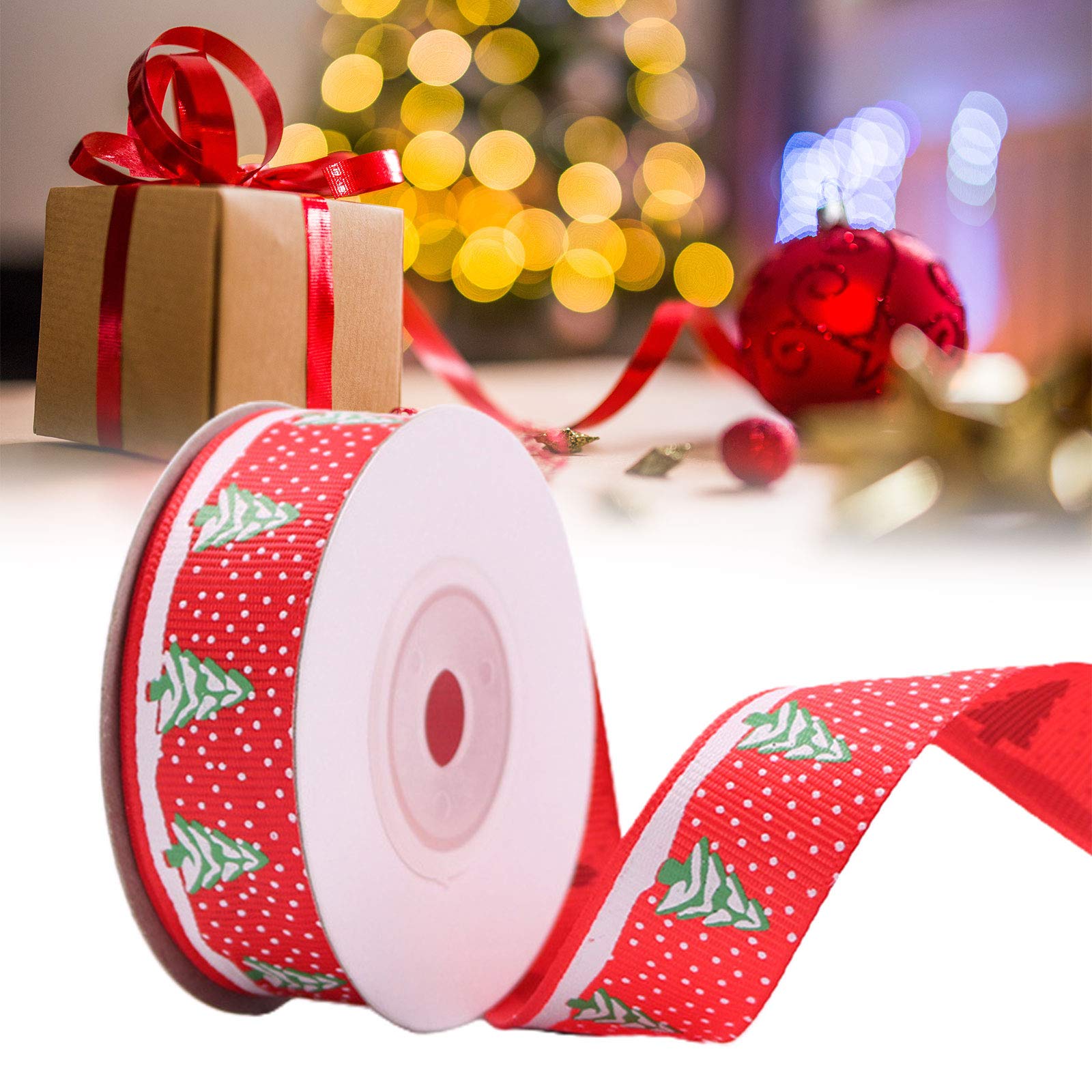 10 Rolls 10 Yards 20mm Christmas Tree Snowflake Printing Red Grosgrain Ribbon for Wrapping Festival Party Bows Making Decoration
