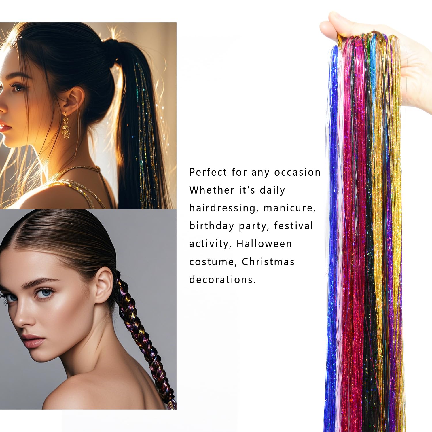 Hair Tinsel Kit 119 cm 2400 Pasemek Syntetyczne Przedłużanie Włosów Glitter Hair Extension Kit z Szydełek（12 Kolorów）