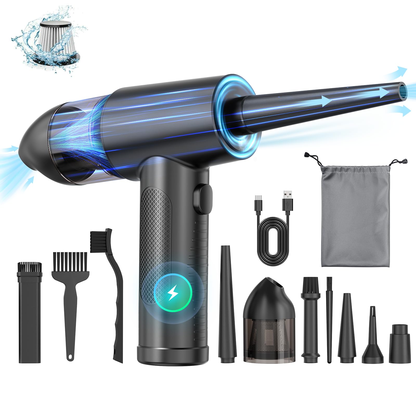 Pulverizador de aire comprimido eléctrico con 3 marchas, 2 en 1, pulverizador de aire comprimido, aspiradora de mano, batería de 6000 mAh, Air Duster para portátil, teclado, electrónica, limpieza del