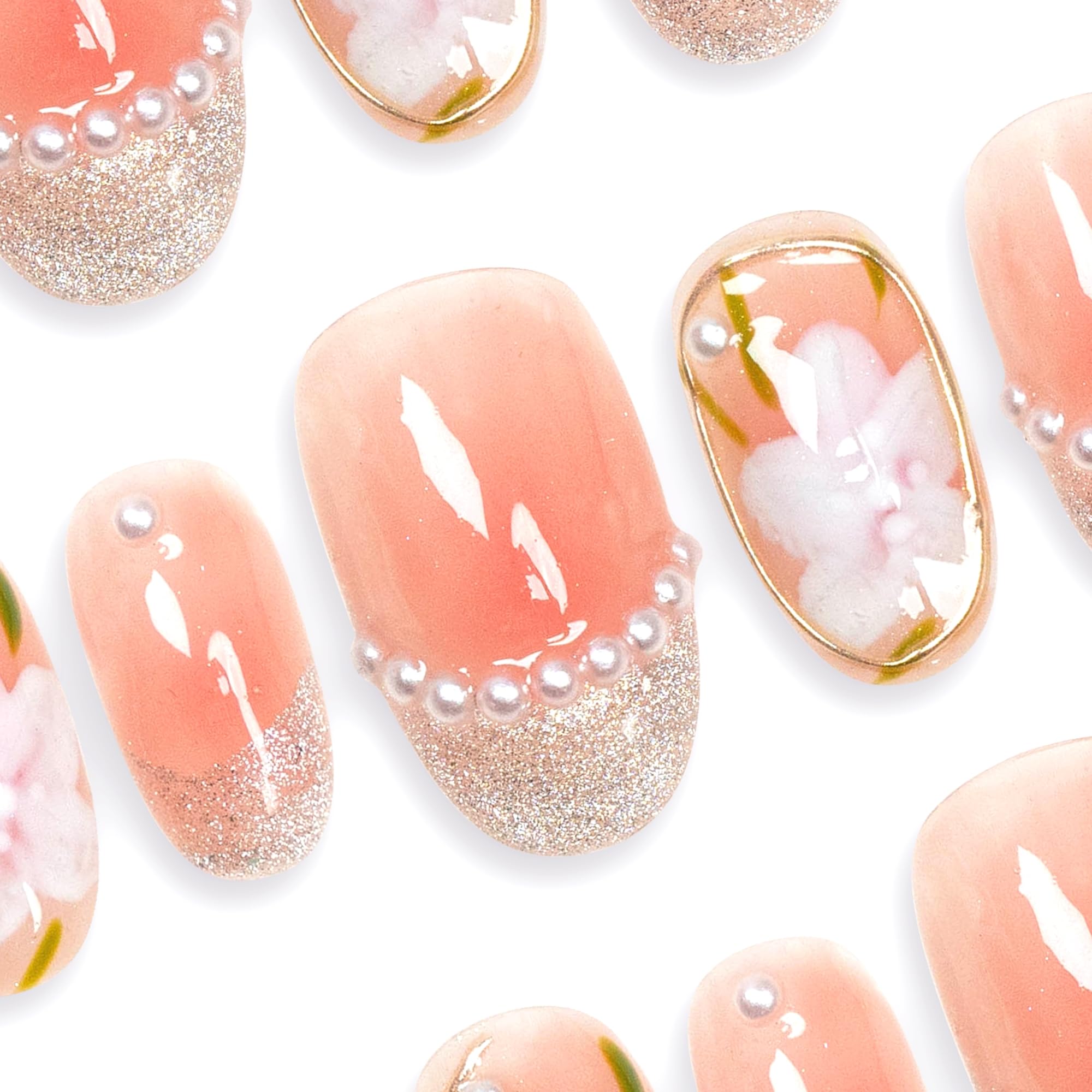 Sun&Beam Nails Handmade Press On Nails Medium Oval Taupe Cream Gold Pearl Foil Glossy 10 Pieces Easy Manicure for Everyday Wear and Going Out (#014 M) - Image 4