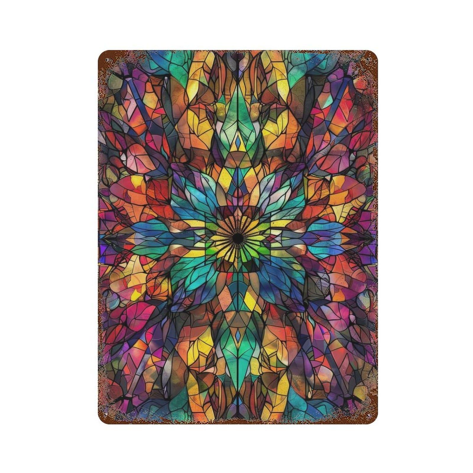 Stained Glass Pattern Decorative Tin Sign 15.7"x11.8", Old School Wall Decor for Garage, Pub Or Kitchen