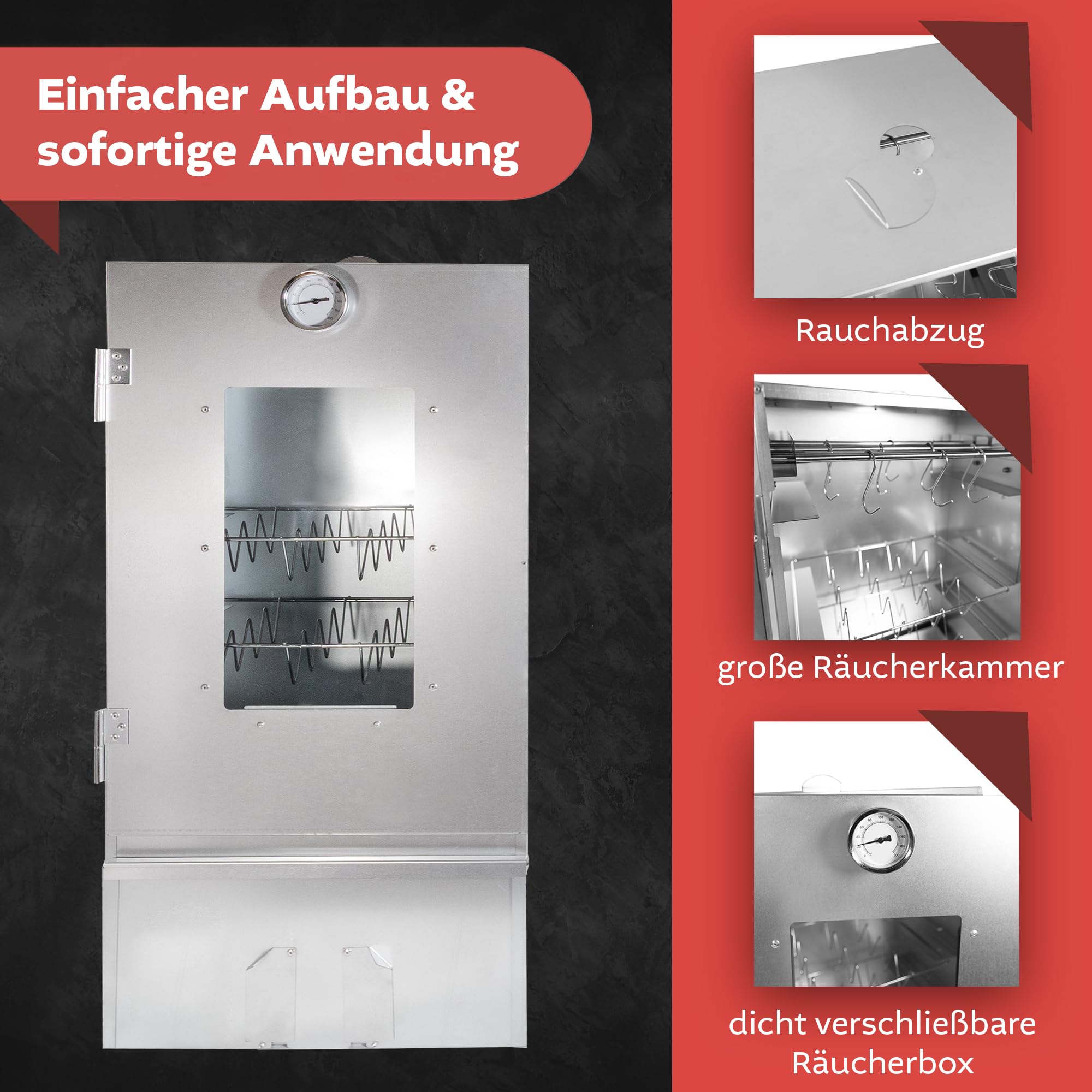 LEMODO Räucherofen 80x39,5x27,5 cm mit umfangreichem Zubehör, Räucherschrank und Heizspirale, Kalträucherofen mit großer Räucherkammer, Tischräucherofen (Smoker Edelstahl 80cm+Heizspirale)