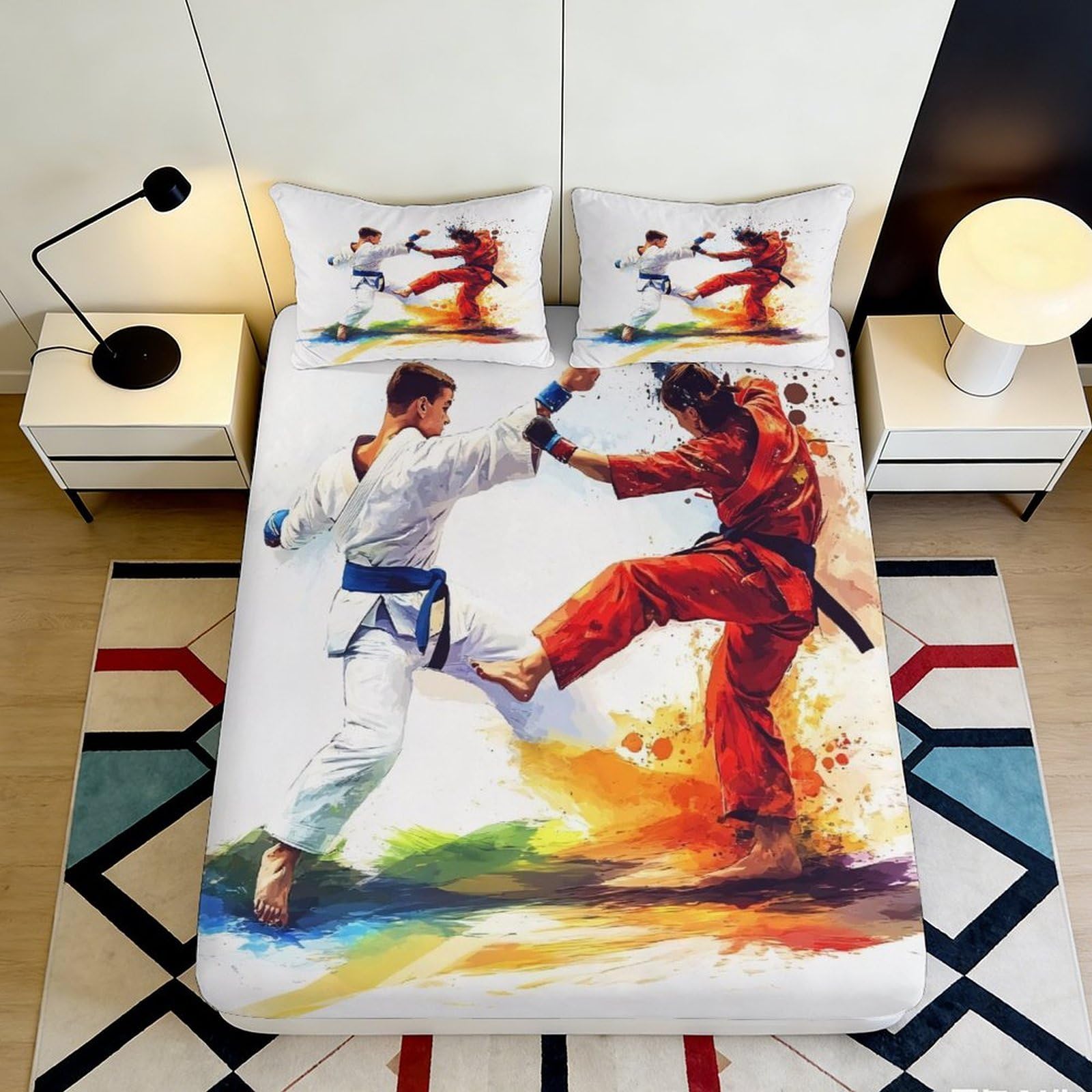 3D Printed Karate Martial Arts Fitted Sheet Microfiber Colourful Kick Bed Cover for Bedroom Guestroom Decor 90x200x25cm