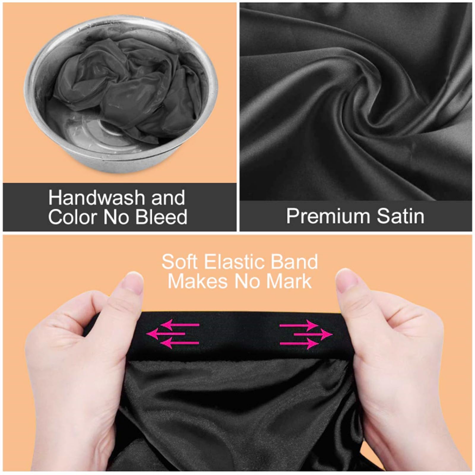 Bonnet de Nuit en Satin Réglable Avec Bande Élastique pour Cheveux Longs Et Bouclés (Noir)