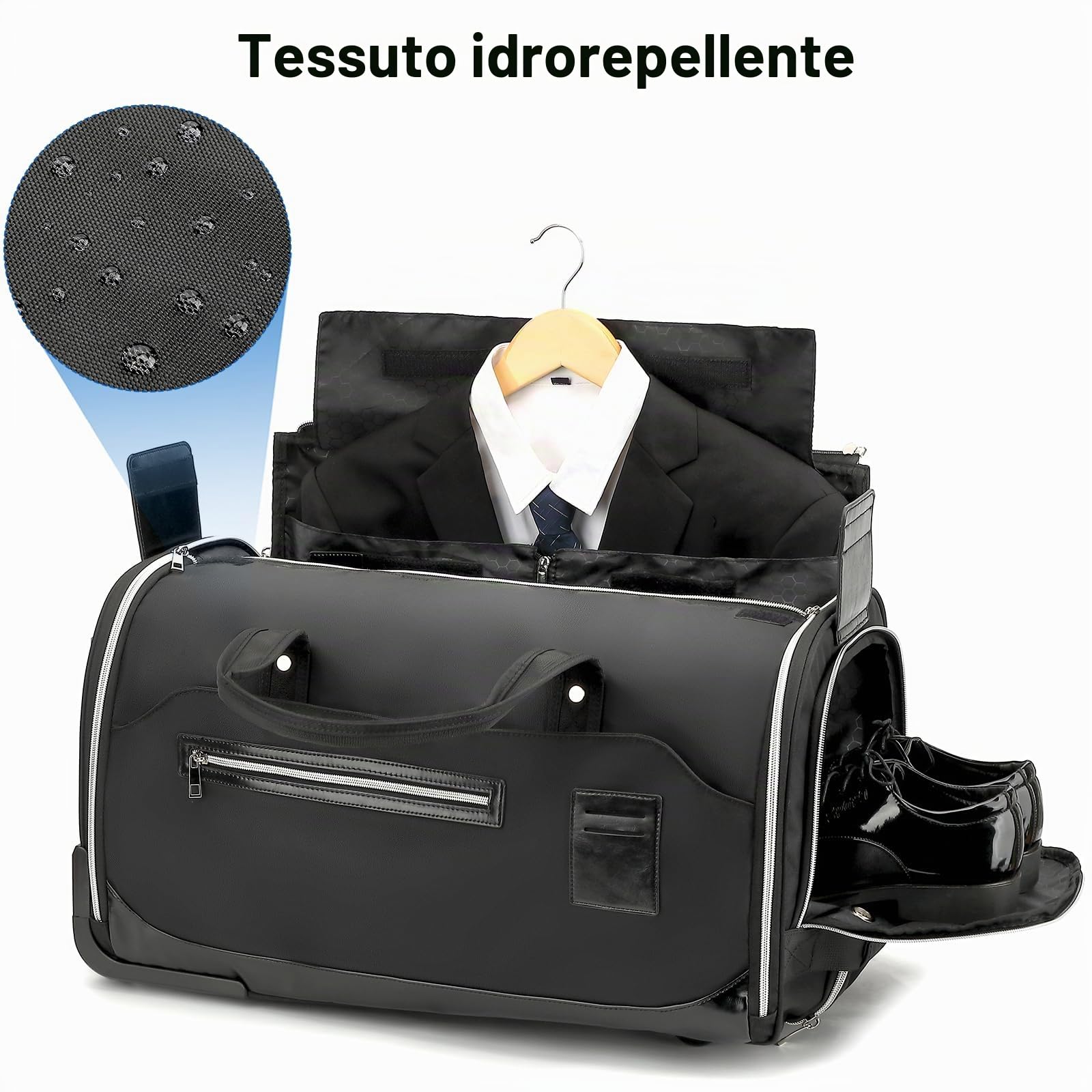 Borsa Porta Abiti da Viaggio con Ruote e Maniglia 55L Convertibile 3 in 1 Trolley Borsone da viaggio Uomo Donna con Scomparto Scarpe per Viaggi D'affari e Matrimoni, Nero