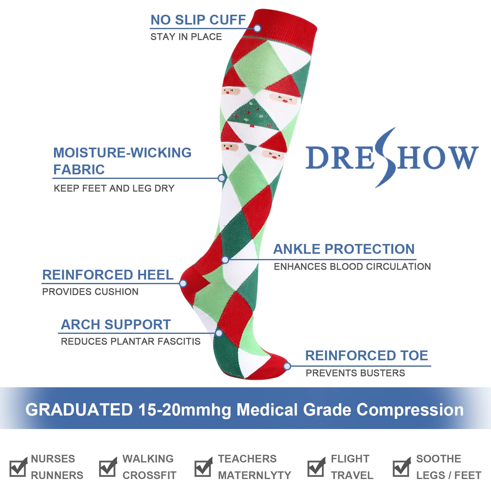 DRESHOW Calze a Compressione Graduata per Uomo E Donna Calze Elastiche Sportive per Atletica, Corsa, Viaggi Volo, Ciclismo