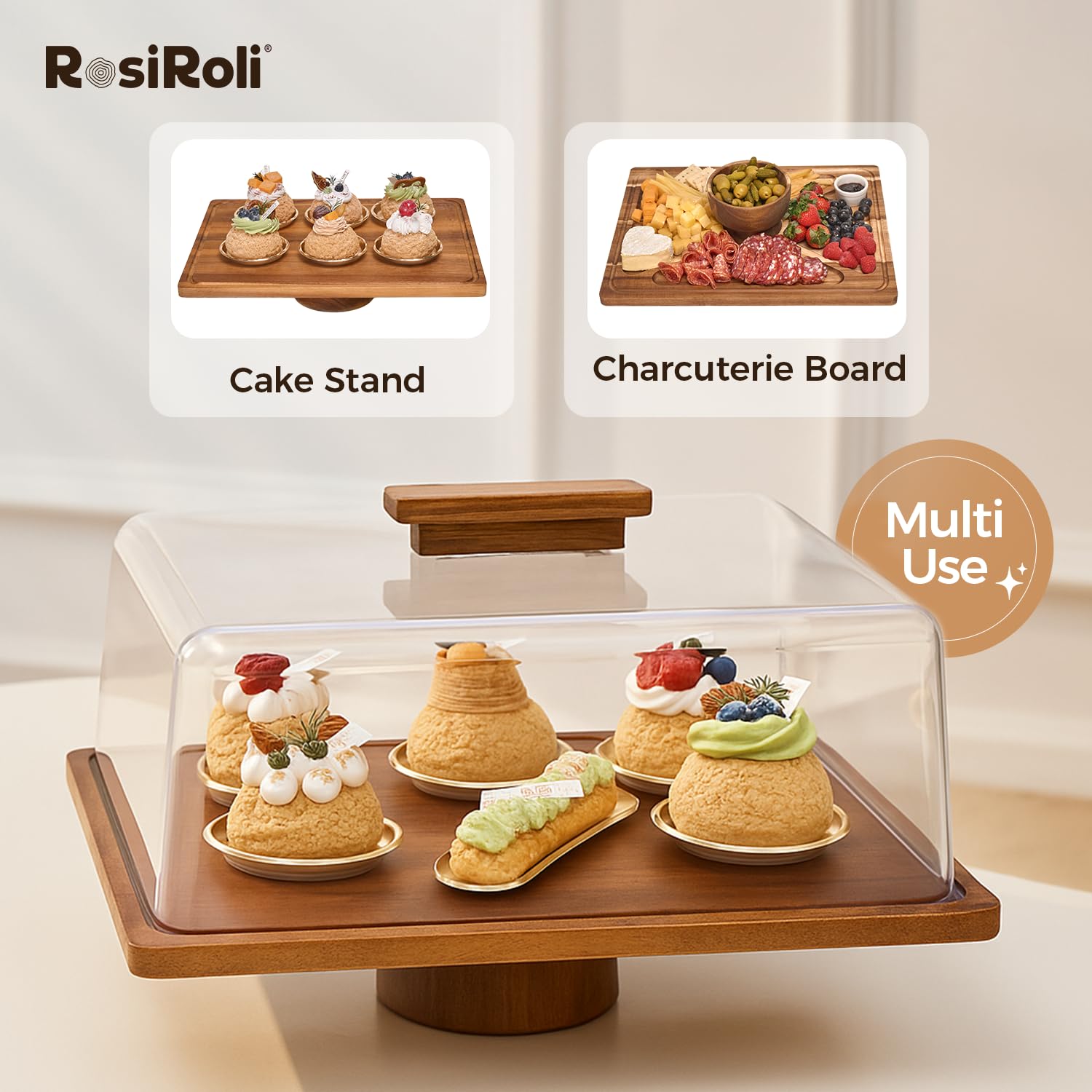 Acacia Houten taartstandaard met koepeldeksel, multifunctionele 2-in-1 ronde taartdisplay met onbreekbare acryl koepel, charcuterie en kaasplank, nacho's en snacks, dessertdisplay