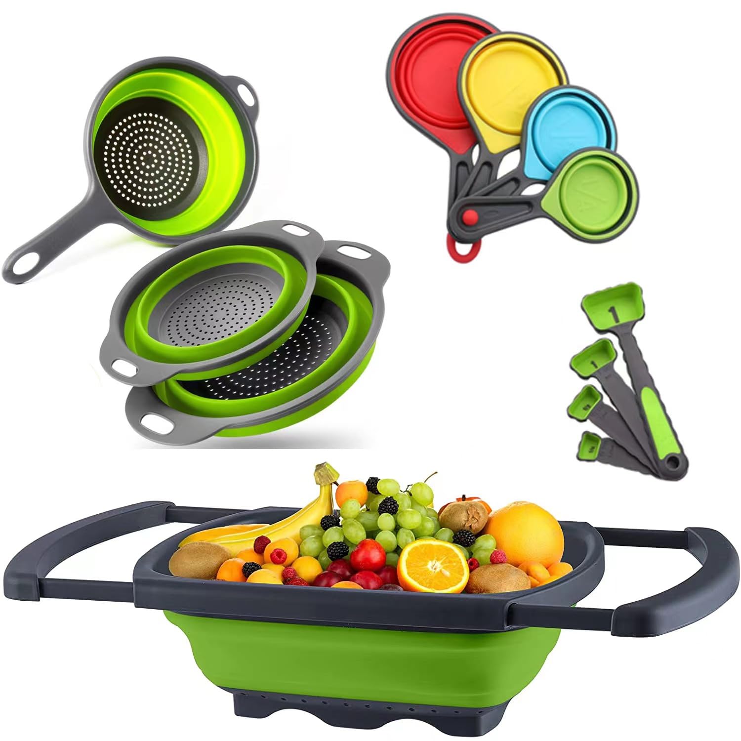 Paquete de 12 coladores Plegables Esenciales de Cocina sobre el Fregadero colador Cesta for escurrir Pasta/Verduras/Frutas (Verde)/629