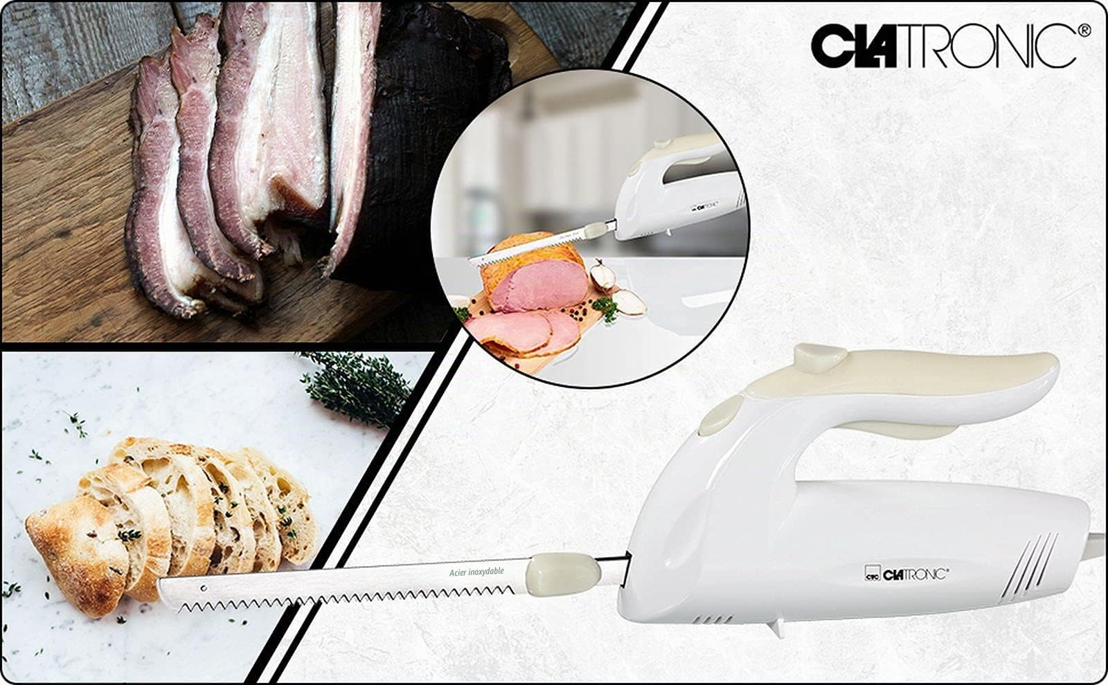 Couteau électrique de cuisine pour la viande, pour rôti et le pain frais (lame double en acier inoxydable, lame dentelée, couteau à pain, 150 W, blanc)