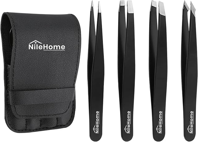 NileHome Tweezers, Eyebrow Tweezers for Women 4 in 1 Stainless Steel Tweezers Precision with Case Professional Eyelash Tweezers Set for Men Hair Removal Kit