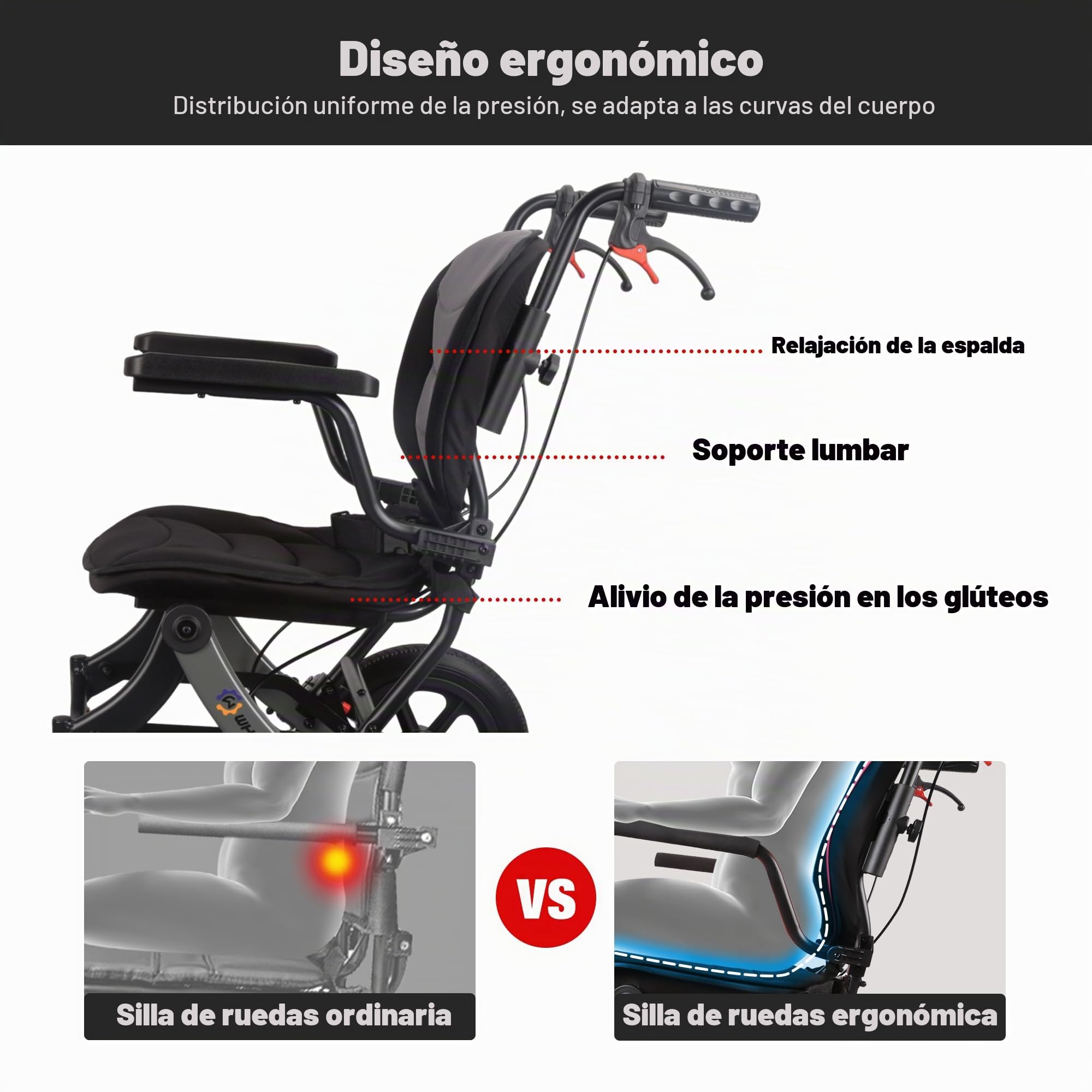 Silla De Transporte Plegable Ligera WHLICKS Para Adultos Y Ancianos, Silla De Viaje Portátil Con Cojín Extraíble Y Ruedas De 12 Pulgadas, Silla De Ruedas Ergonómica Con Altura Ajustable