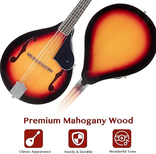 Miniatura 2 de Ktaxon Kit de instrumentos de mandolina estilo A, mandolinas musicales de madera de caoba acústica de 8 cuerdas con afinador, bolsa de concierto