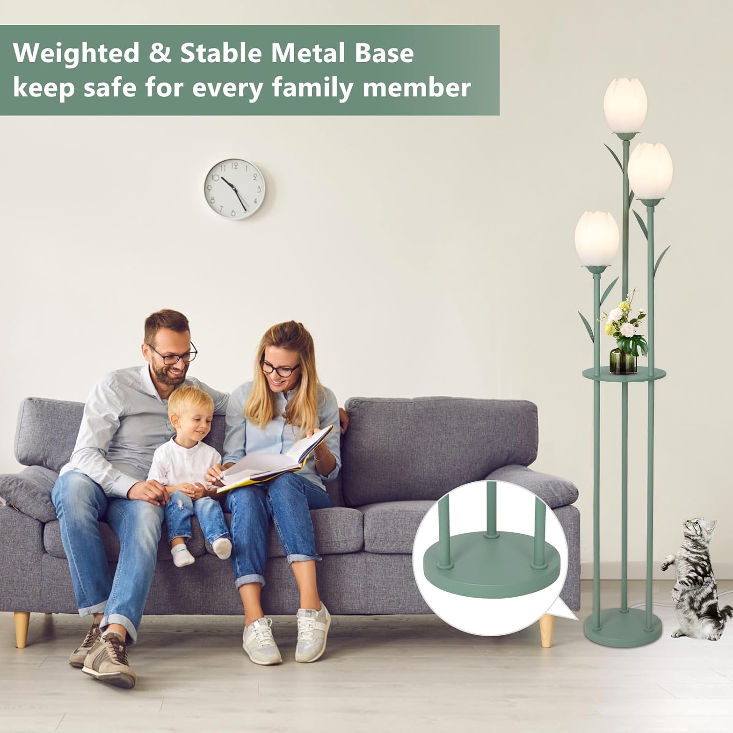 3-Light Flower Floor Lamps for Living Room, Green Floor Lamp with Shelves, Unique Tulip Standing Lamp with 3 LED Blubs, Cute Floral Tall Lamp, Modern Stand Up Light Decor for Bedroom, Kids Room