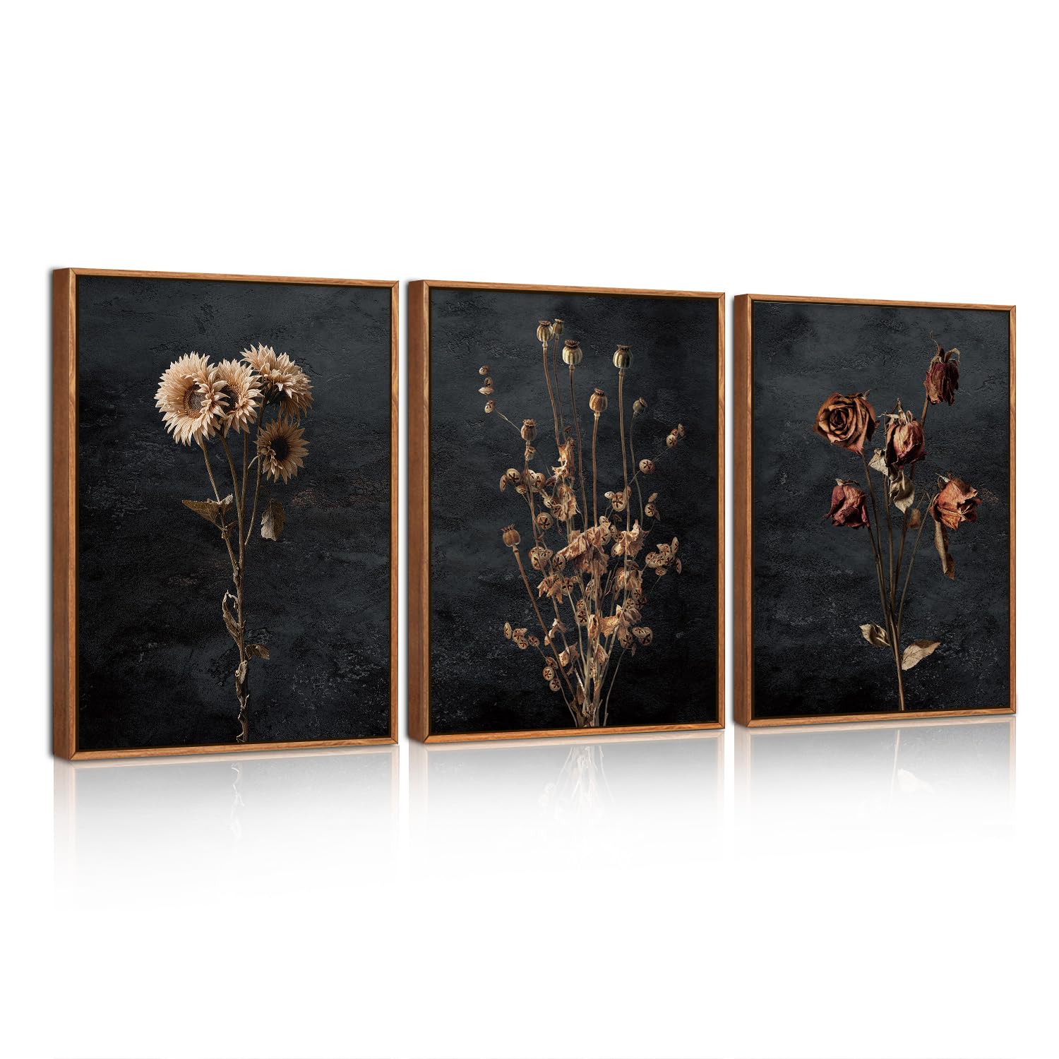 Celestdeco Large Moody Dark Floral Framed Canvas Wall Art,Vintage Dried Flowers Wall Decor,Modern Retro Wildflowers Artwork,Mid Century Boho Botanical Decorations For Living Room,Bedroom 30x40cm — image 1