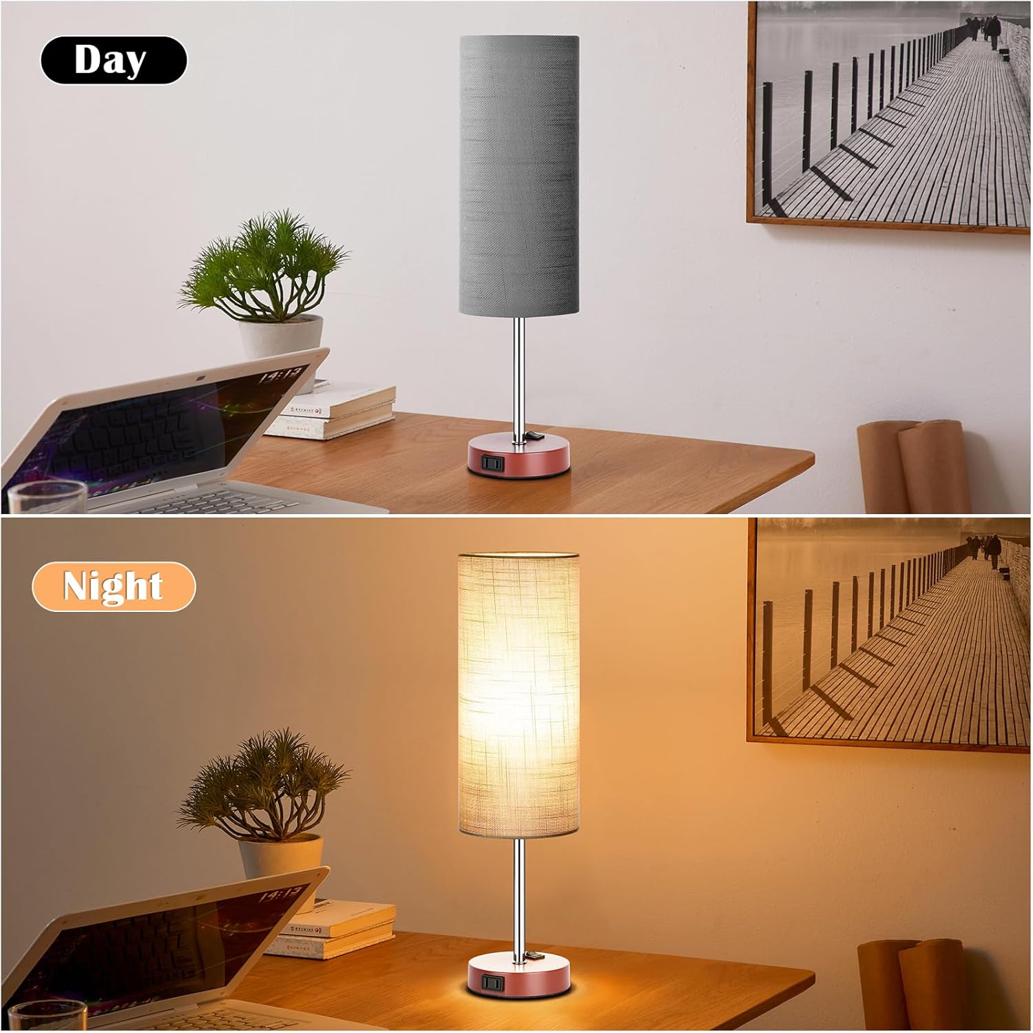 ZJOJO Table Lamp for Bedroom 2 Pack,18in Bedside Lamps with 3 Way Dimmable Rocker Switch & AC Outlet,Nightstand Desk Lamp with Gray Fabric Shade Brown Base for Living Room Home Decor Lights